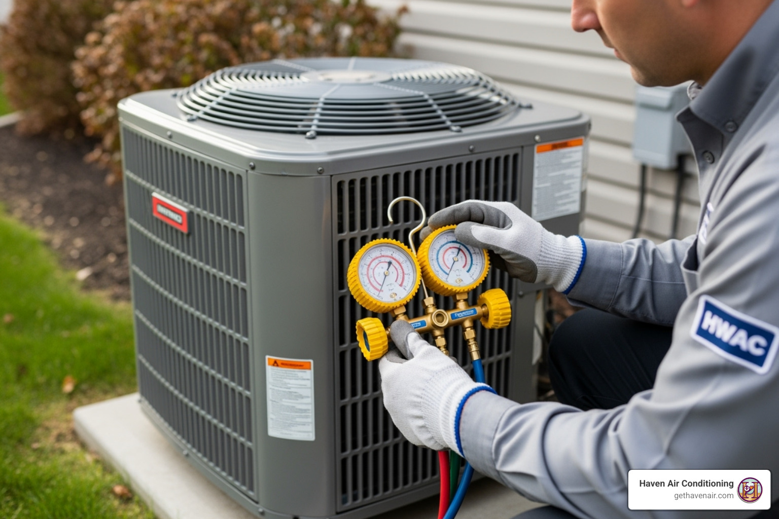 Certified HVAC professional checking system pressures with gauges - single zone ductless heat pump installation