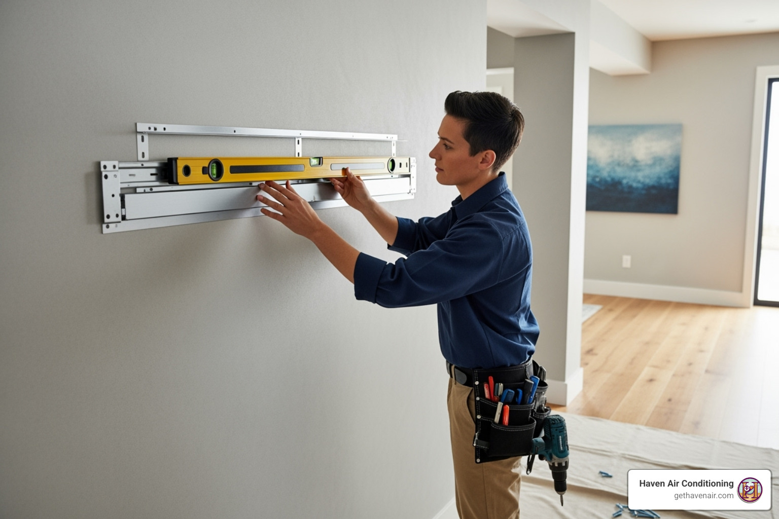 Technician using a level to install the indoor unit's mounting plate - single zone ductless heat pump installation