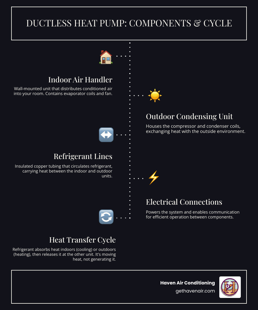 Infographic showing the basic components of a single zone ductless heat pump system including indoor air handler, outdoor condensing unit, refrigerant lines, electrical connections, and the heat transfer cycle in both heating and cooling modes - single zone ductless heat pump installation infographic infographic-line-5-steps-dark