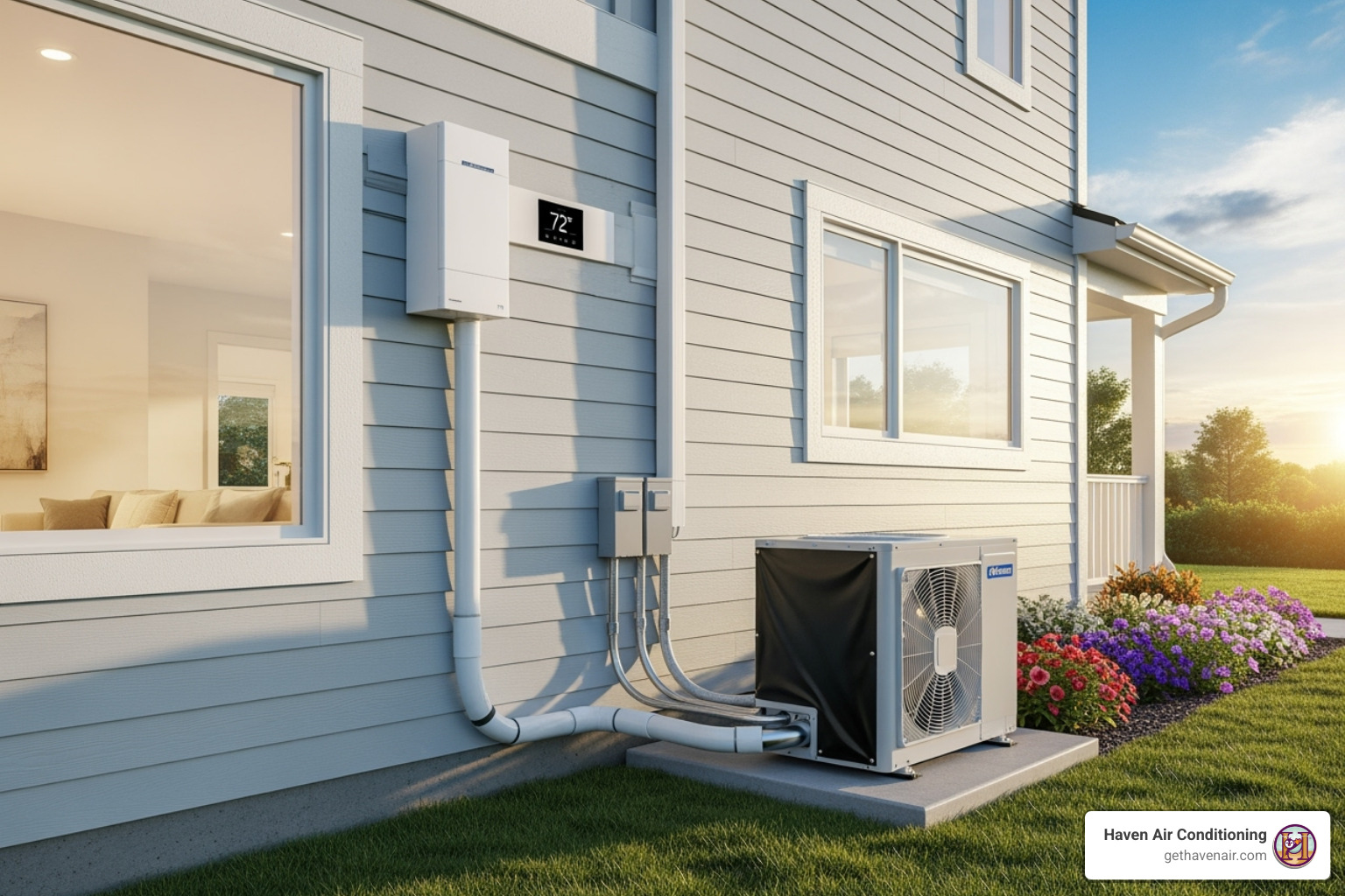 Image of the three main components of a single zone ductless heat pump: an indoor air handler, an outdoor condenser, and a line set with wiring - single zone ductless heat pump installation