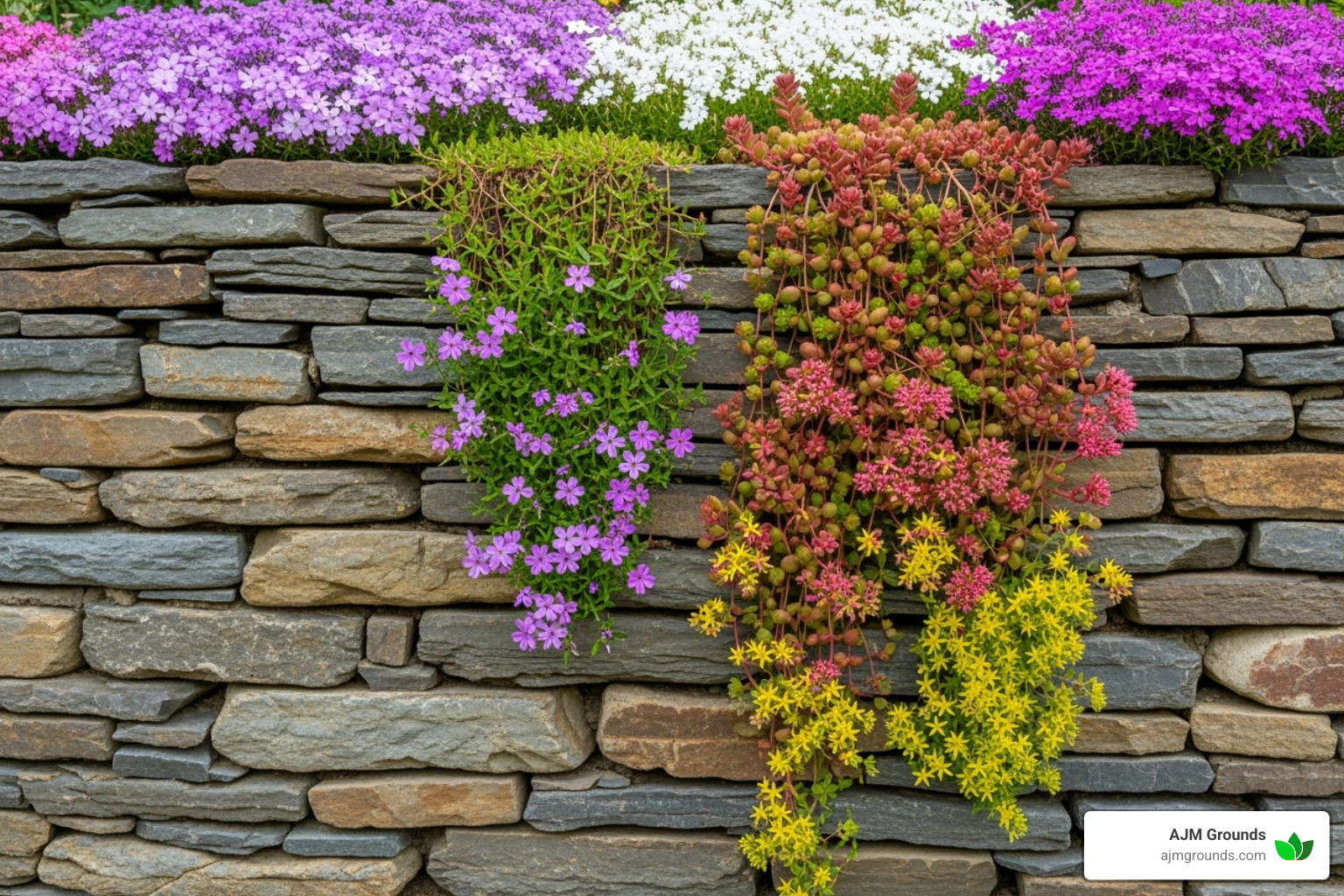 A stone retaining wall with colorful creeping phlox and sedum spilling over the edges, creating a soft, natural look - retaining wall landscaping A stone retaining wall with colorful creeping phlox and sedum spilling over the edges, creating a soft, natural look - retaining wall landscaping