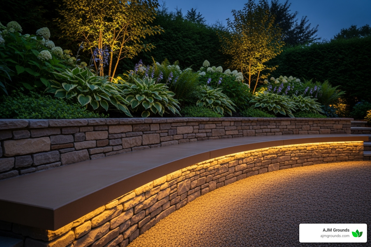 A curved retaining wall with integrated bench seating and subtle LED lighting, creating a cozy evening gathering space - retaining wall landscaping A curved retaining wall with integrated bench seating and subtle LED lighting, creating a cozy evening gathering space - retaining wall landscaping