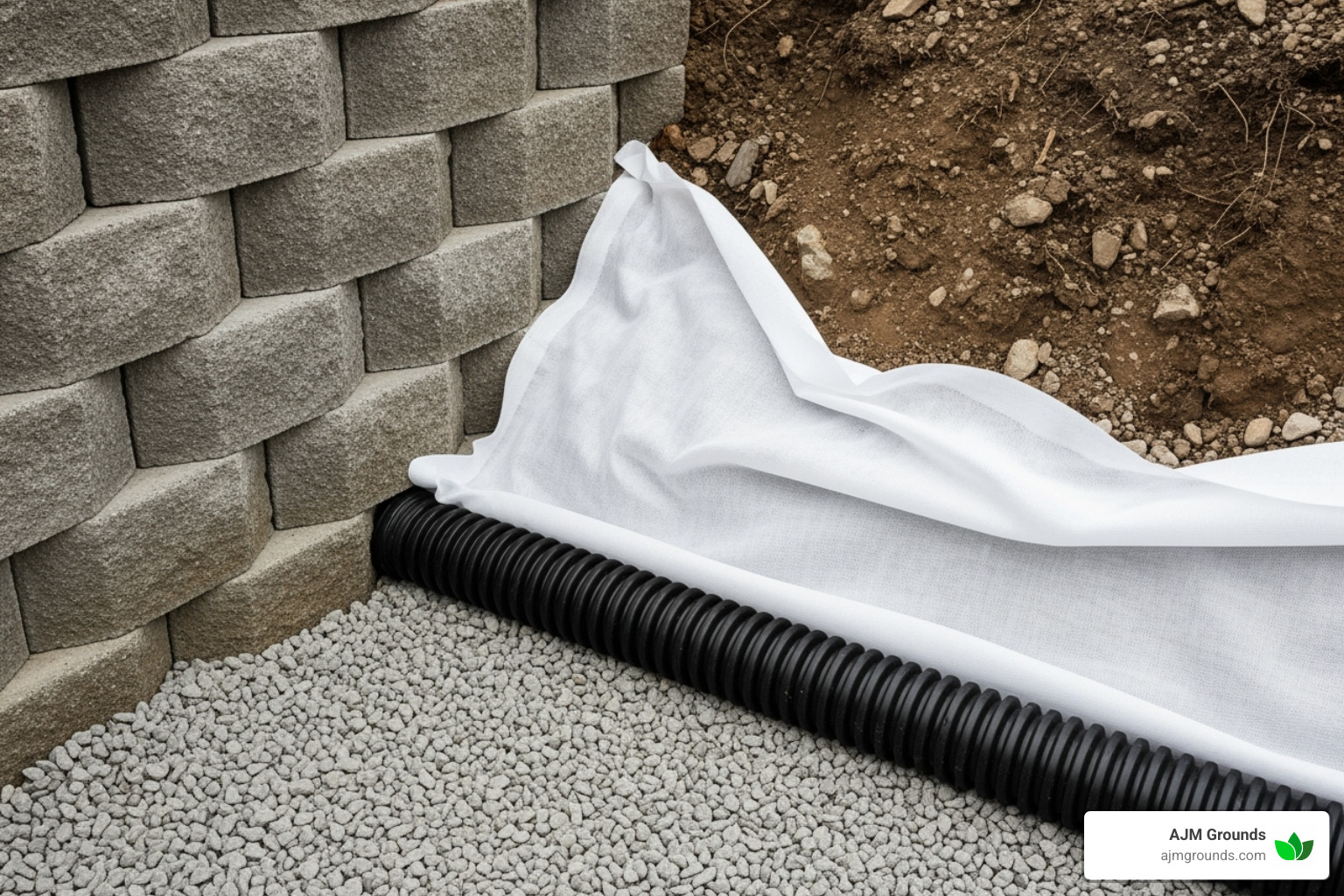 A properly installed drainage pipe behind a retaining wall before backfilling, showing gravel and filter fabric - retaining wall landscaping A properly installed drainage pipe behind a retaining wall before backfilling, showing gravel and filter fabric - retaining wall landscaping