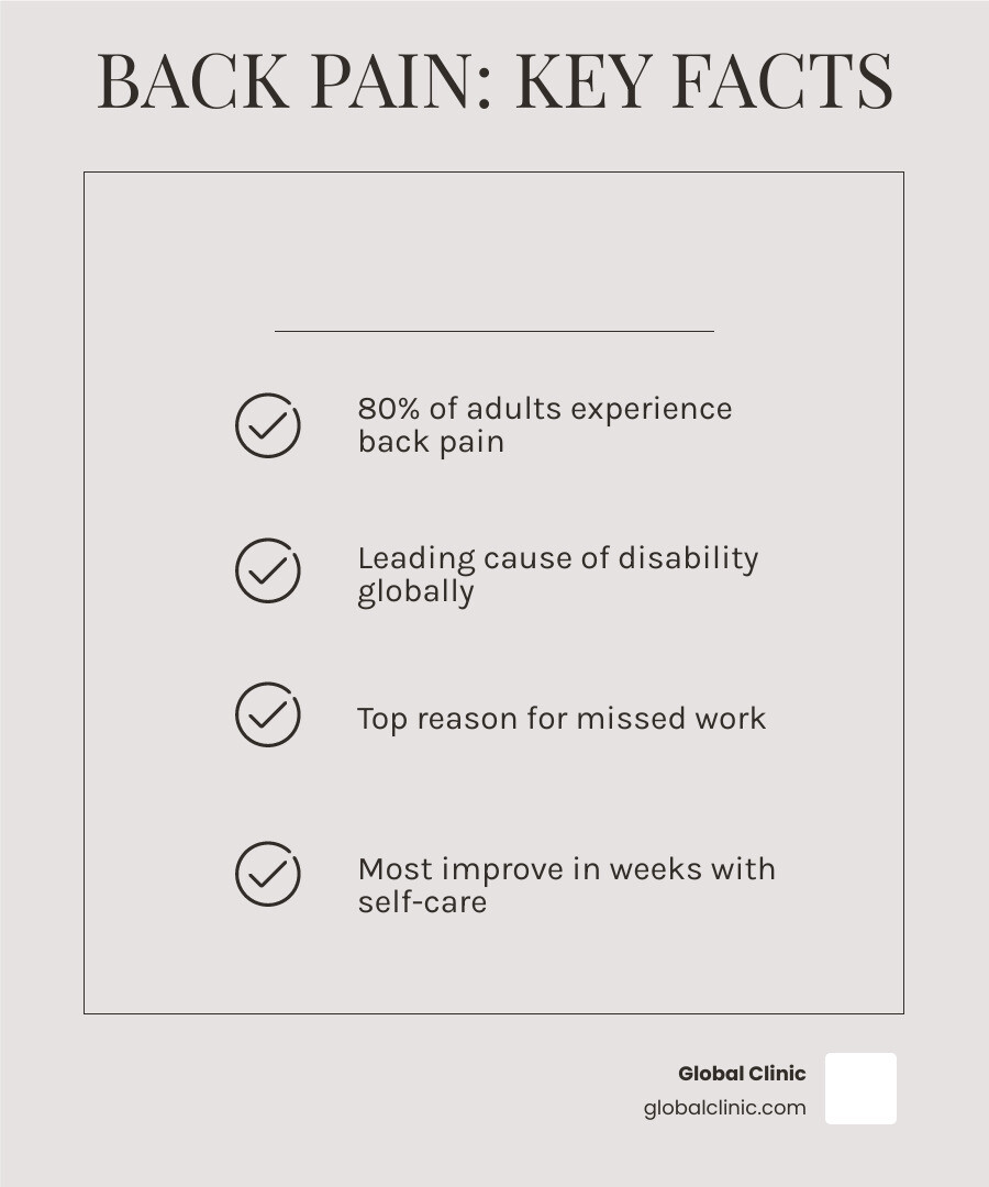 Comprehensive infographic showing back pain statistics including that 80% of people experience back pain in their lifetime, it's the leading cause of disability worldwide, most common reason for missed work, with breakdown of acute vs chronic pain duration and most frequent causes by category - back ache cause infographic checklist-light-beige Comprehensive infographic showing back pain statistics including that 80% of people experience back pain in their lifetime, it's the leading cause of disability worldwide, most common reason for missed work, with breakdown of acute vs chronic pain duration and most frequent causes by category - back ache cause infographic checklist-light-beige