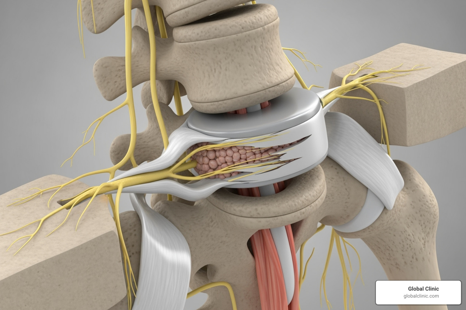 Image of a herniated disc pressing on a spinal nerve - back ache cause Image of a herniated disc pressing on a spinal nerve - back ache cause