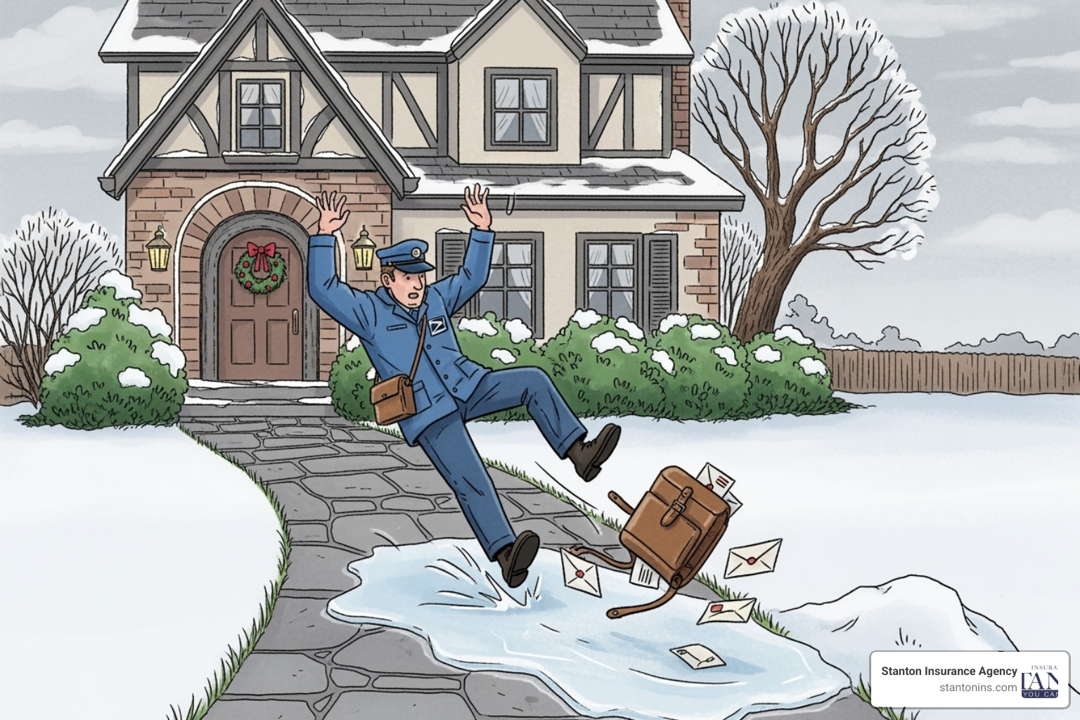 Illustration of a mail carrier slipping on an icy walkway - Personal Liability Insurance Illustration of a mail carrier slipping on an icy walkway - Personal Liability Insurance