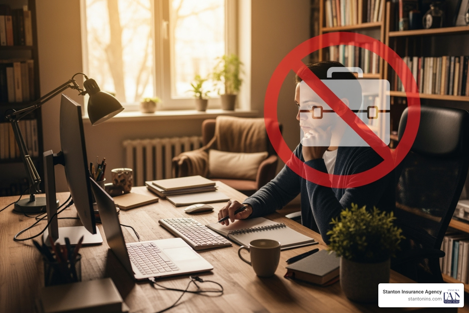 Person working in a home office with a "business use excluded" symbol overlaid - Personal Liability Insurance Person working in a home office with a "business use excluded" symbol overlaid - Personal Liability Insurance