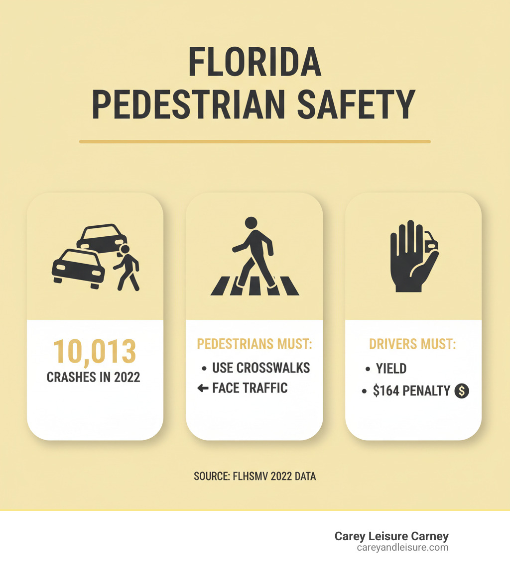 Infographic showing Florida pedestrian safety statistics with three main sections: 10,013 crashes in 2022, pedestrians must use crosswalks and face traffic when walking on roads, and drivers must yield with $164 penalty for violations - florida pedestrian laws infographic 