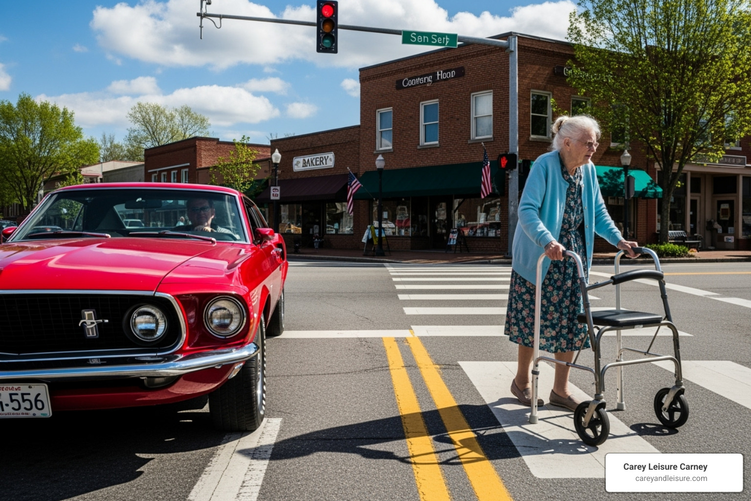 Car waiting for an elderly person with a walker to cross the street - florida pedestrian laws