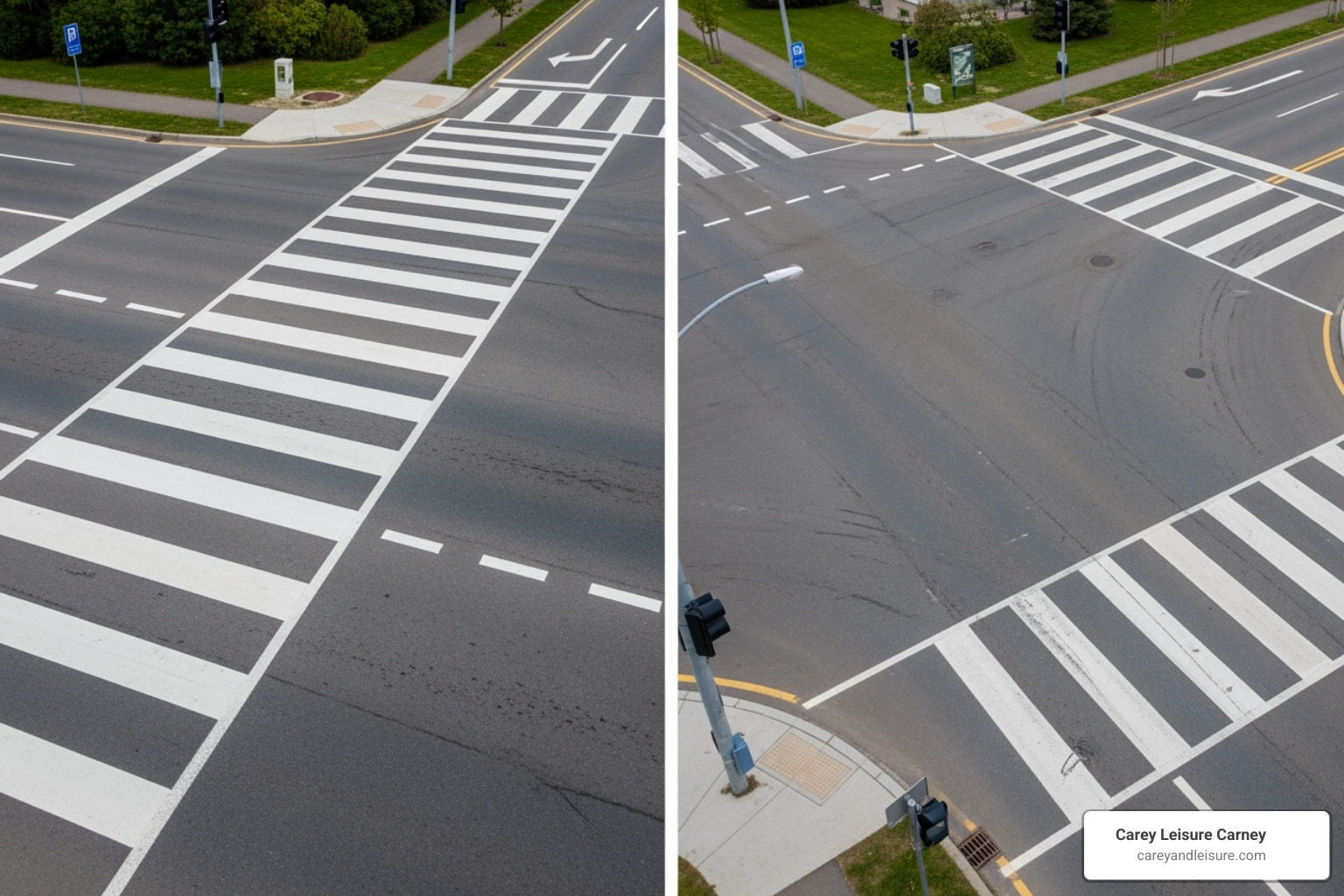 Image comparing a marked crosswalk with painted lines and an unmarked crosswalk at an intersection without lines - florida pedestrian laws