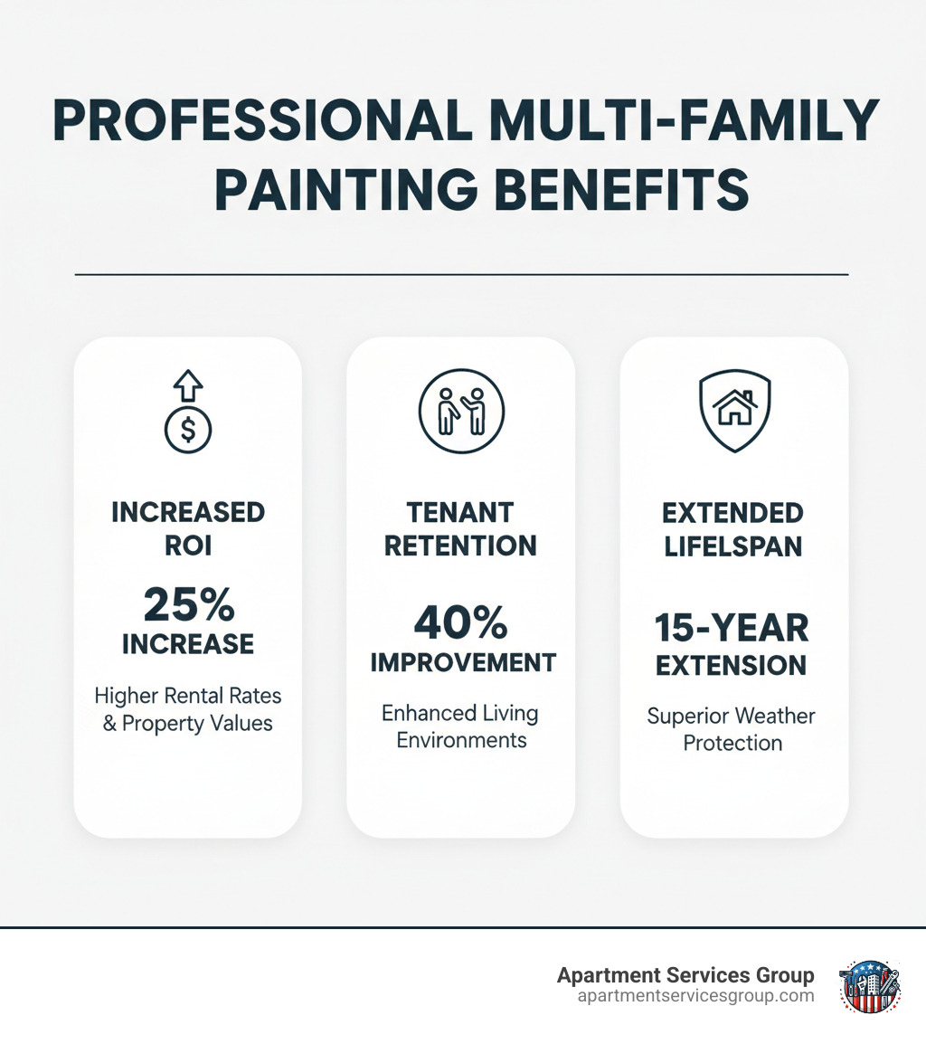 Infographic showing the three key benefits of professional multi-family painting: 25% average increase in ROI through higher rental rates and property values, 40% improvement in tenant retention rates through improved living environments, and 15-year extended building lifespan through superior weather protection and structural integrity - Multi-family unit painting infographic Infographic showing the three key benefits of professional multi-family painting: 25% average increase in ROI through higher rental rates and property values, 40% improvement in tenant retention rates through improved living environments, and 15-year extended building lifespan through superior weather protection and structural integrity - Multi-family unit painting infographic