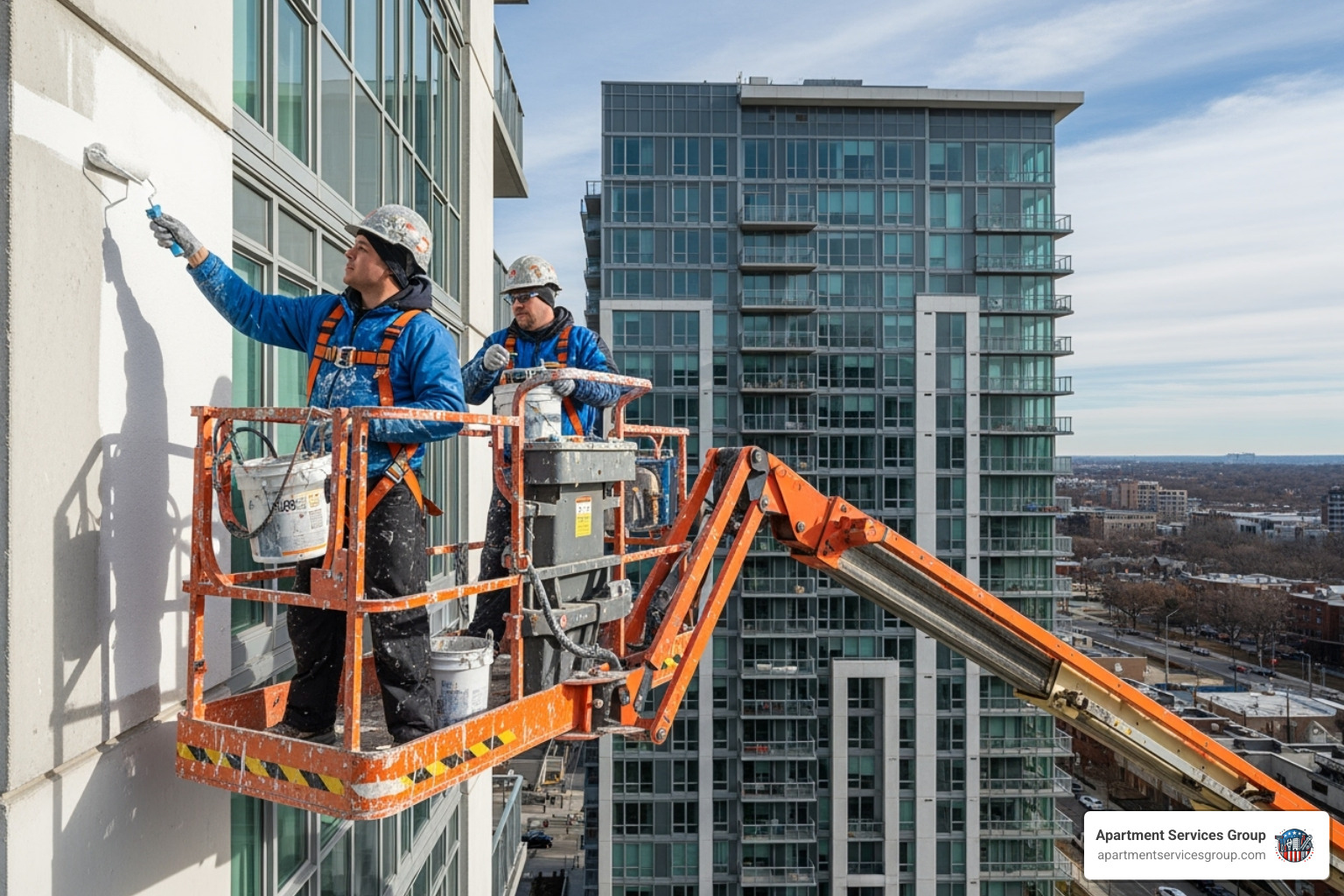 of painters on a boom lift working on a high-rise apartment building - Multi-family unit painting of painters on a boom lift working on a high-rise apartment building - Multi-family unit painting