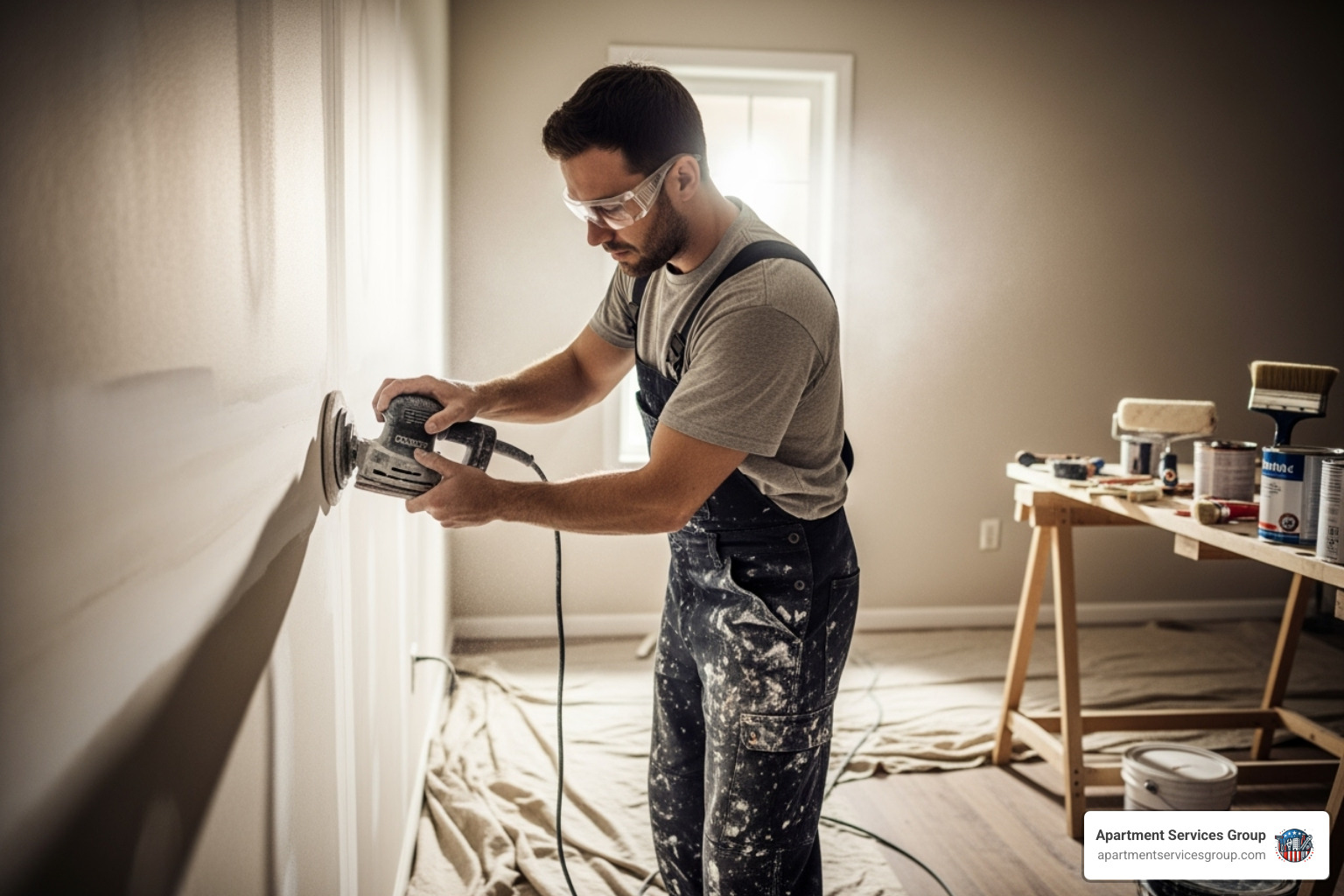 of a professional painter carefully preparing a wall surface - Multi-family unit painting of a professional painter carefully preparing a wall surface - Multi-family unit painting