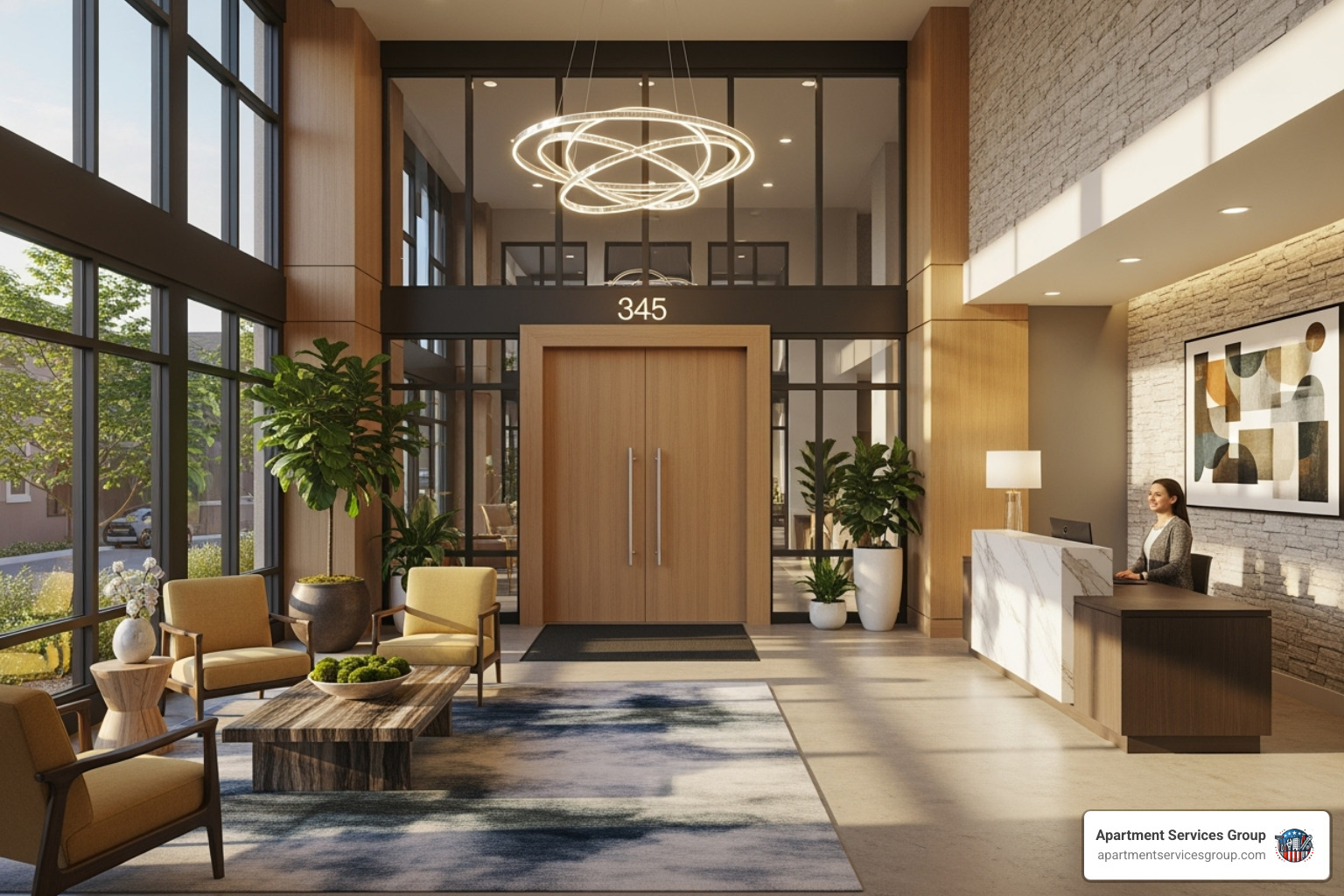 of a vibrant, welcoming apartment building entrance and lobby - Multi-family unit painting of a vibrant, welcoming apartment building entrance and lobby - Multi-family unit painting