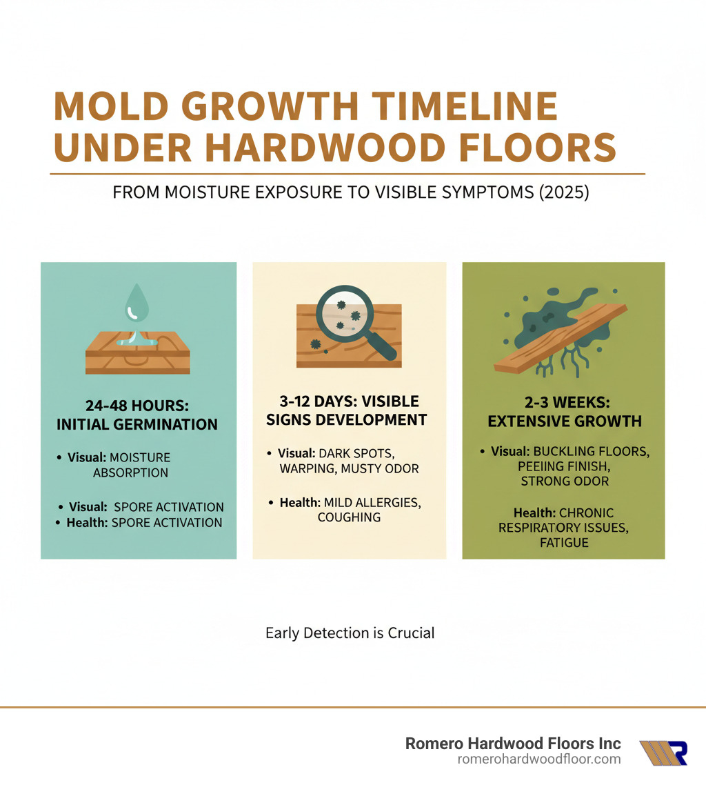Detailed infographic showing mold growth timeline under hardwood floors from initial moisture exposure through visible symptoms, including 24-48 hour germination period, 3-12 day visible signs development, and 2-3 week extensive growth phases with corresponding visual and health indicators - signs of mold under hardwood floors infographic 