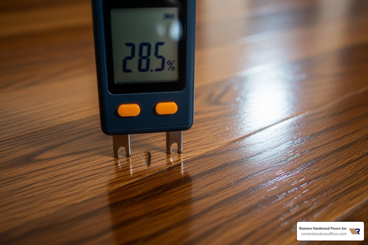 moisture meter showing a high reading on a wood floor - signs of mold under hardwood floors