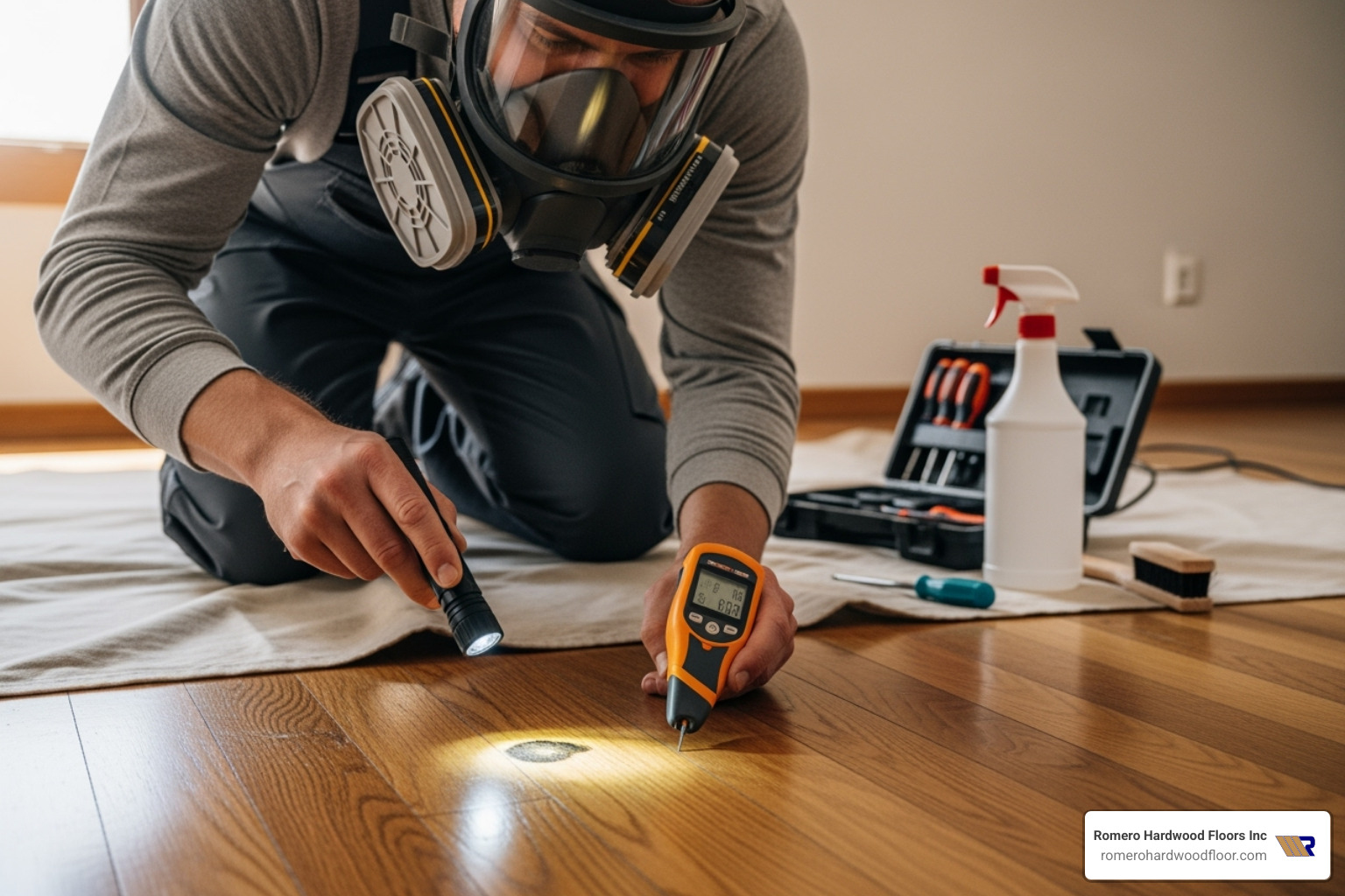 professional in a respirator mask inspecting a floor - signs of mold under hardwood floors