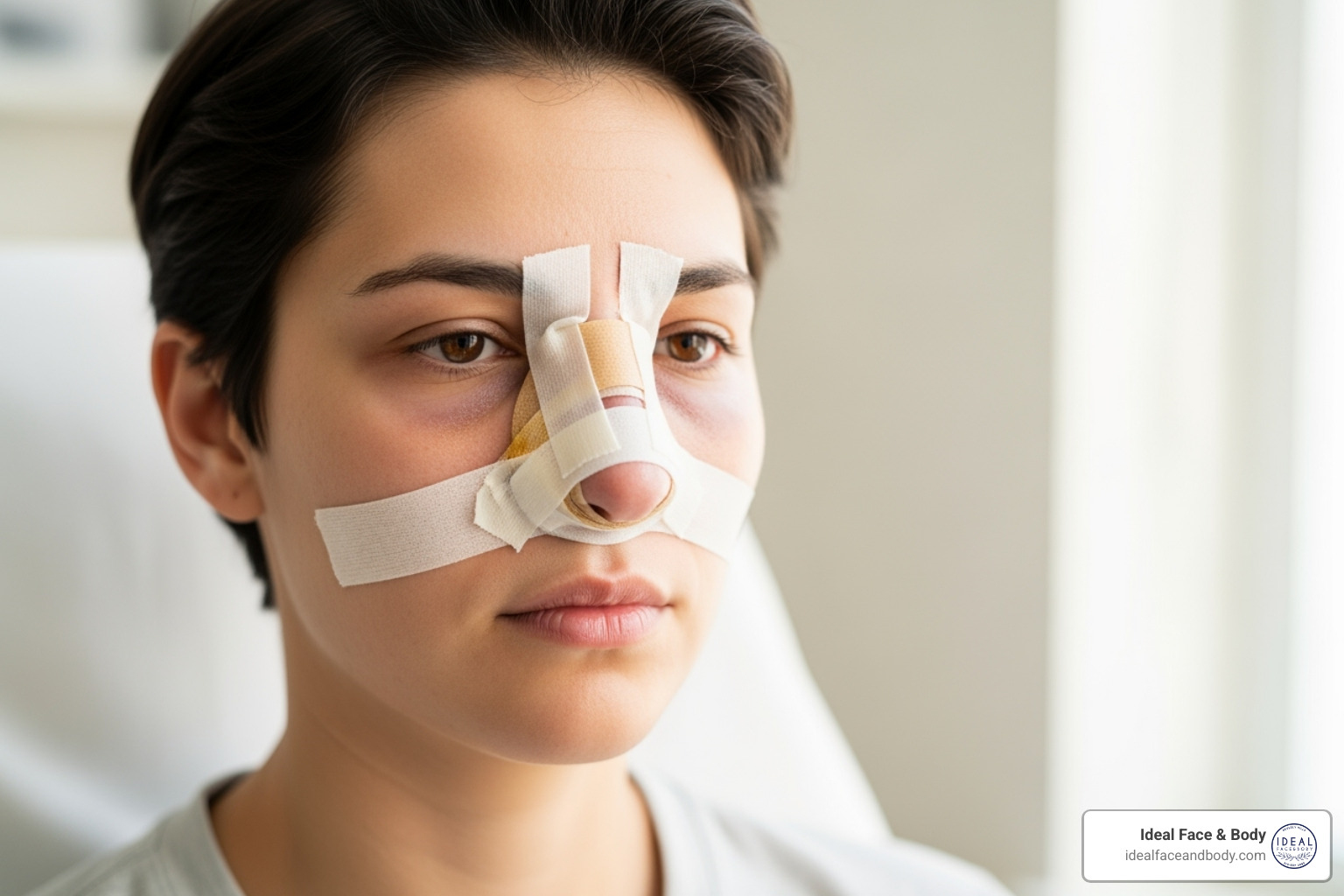 Patient in early stages of rhinoplasty recovery with a nasal cast - Surgical Rhinoplasty Patient in early stages of rhinoplasty recovery with a nasal cast - Surgical Rhinoplasty