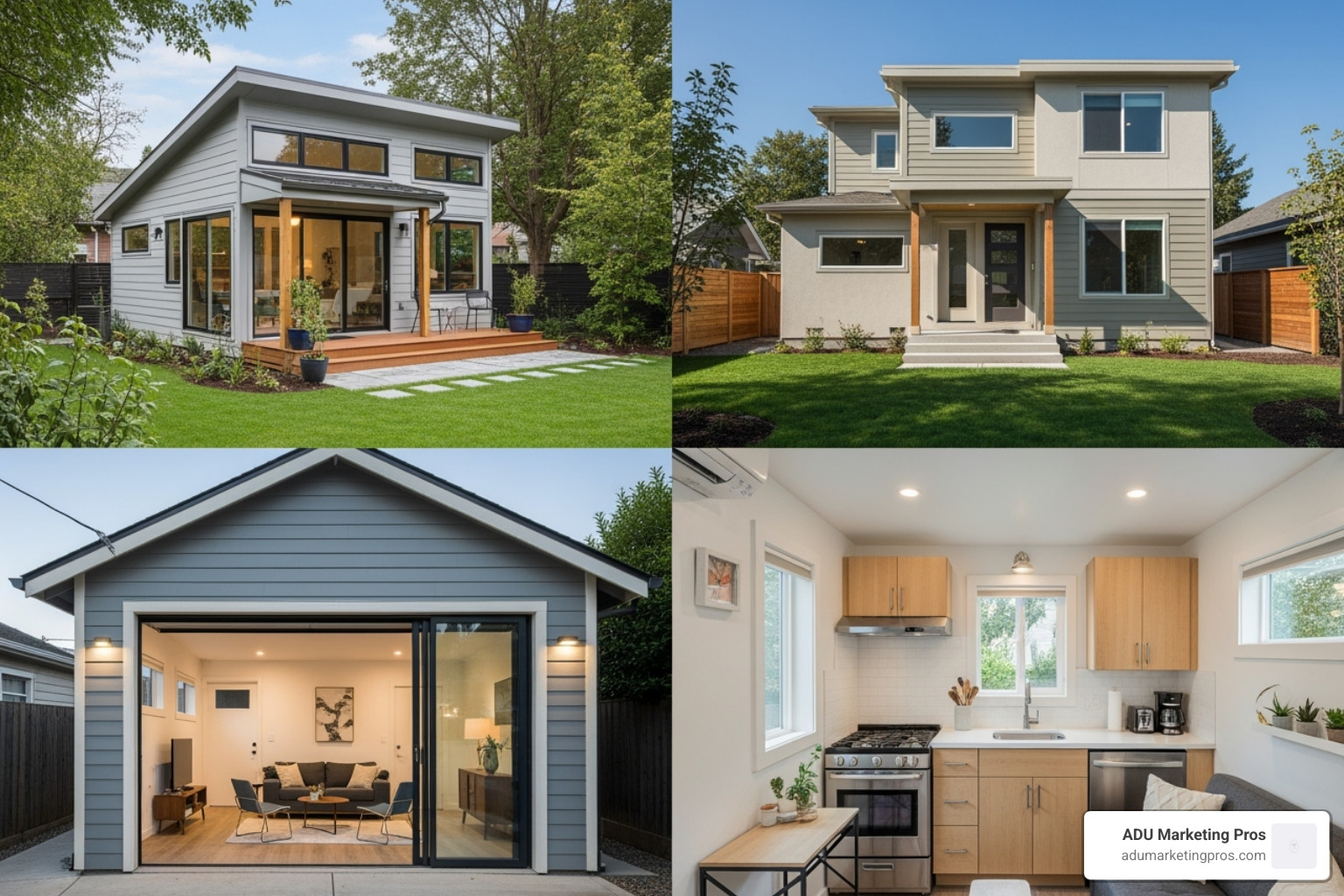 collage showcasing four ADU types: a detached backyard cottage, an attached ADU seamlessly integrated with a main house, a stylish garage conversion, and a compact JADU interior - adu construction california