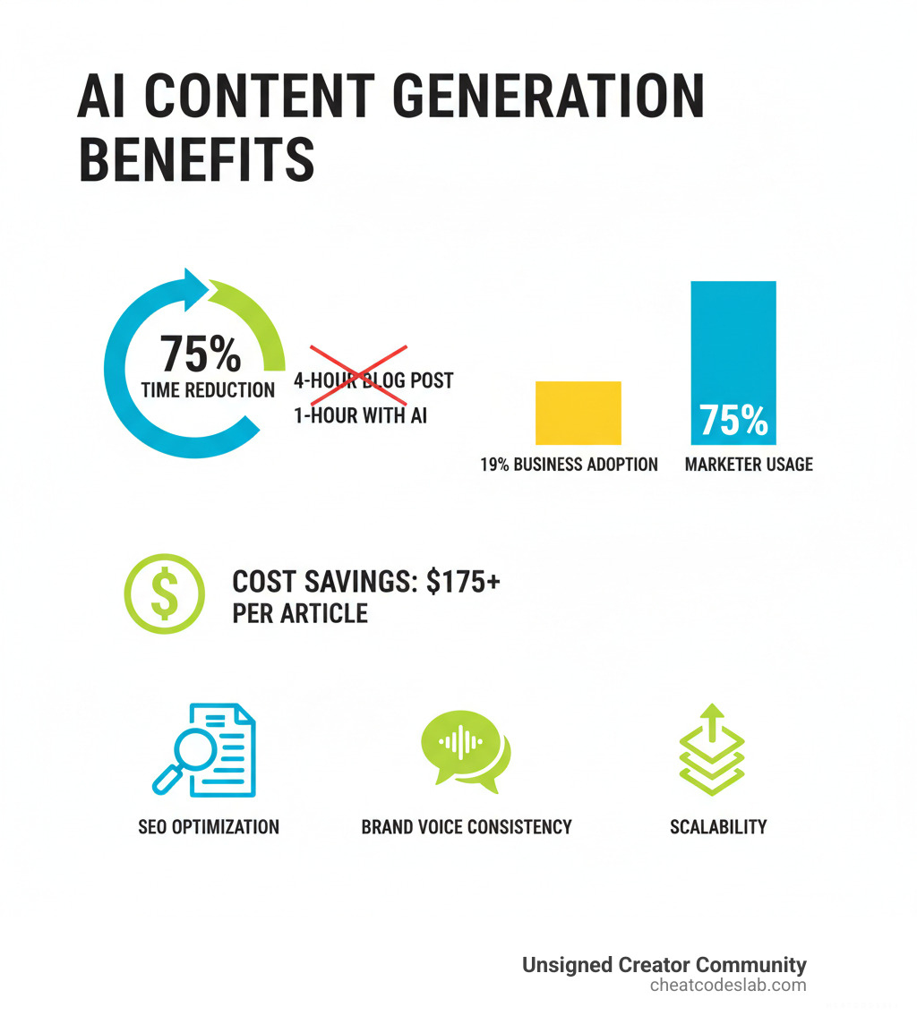 Infographic showing AI content generation benefits: 75% time reduction from 4-hour blog posts to 1-hour with AI assistance, 19% current business adoption rate vs 75% marketer usage, cost savings of $175+ per outsourced article, and key features including SEO optimization, brand voice consistency, and scalability - ai content generation tools infographic 
