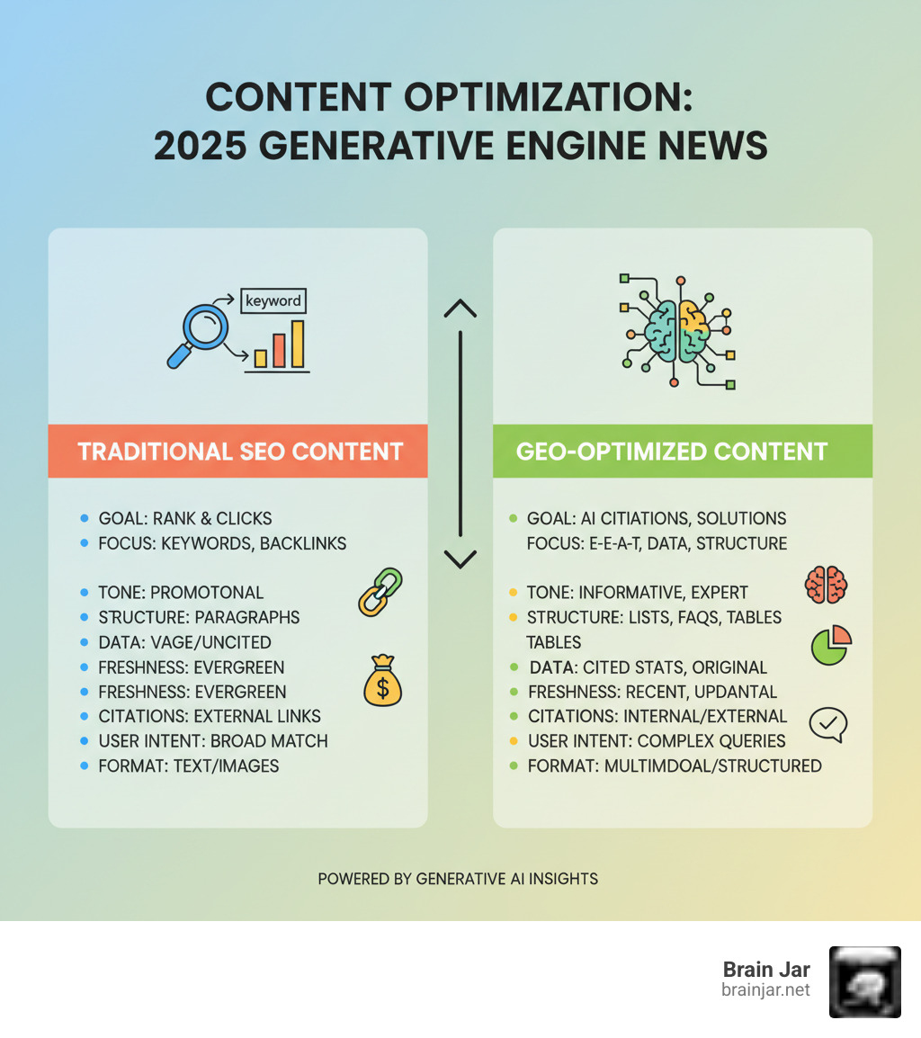 comparison of traditional SEO content vs. GEO-optimized content - generative engine optimization geo news 2025 infographic 