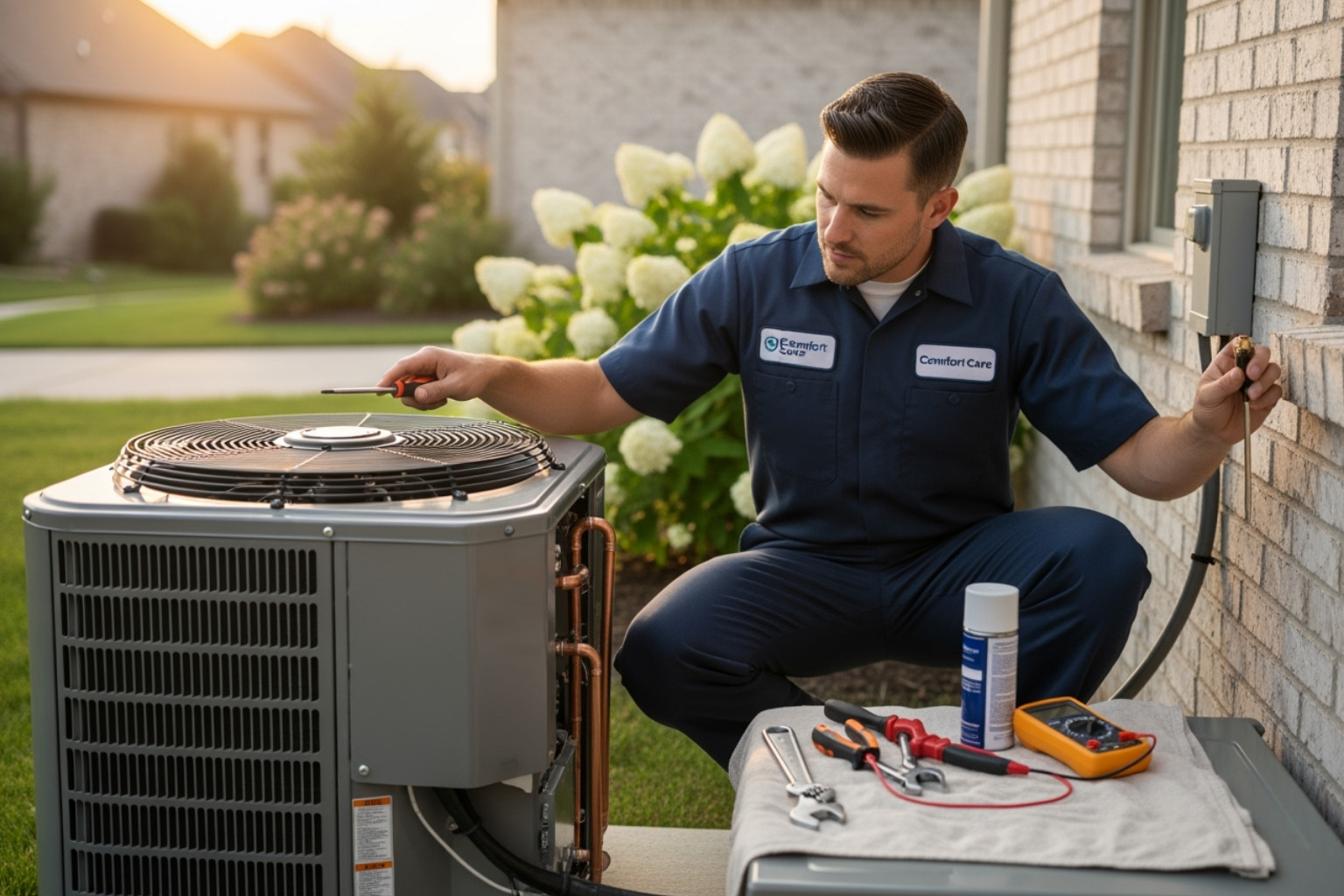 home services technician working on an HVAC unit - digital marketing checklist for home services
