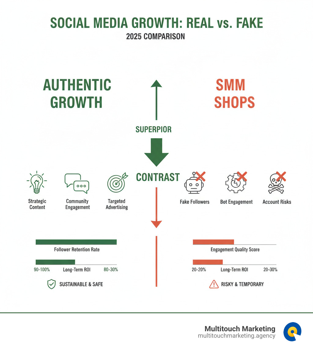 Infographic showing comparison between authentic social media growth through strategic content, community engagement, and targeted advertising versus SMM Shops offering fake followers, bot engagement, and account risks with metrics like follower retention rates, engagement quality scores, and long-term ROI comparison - SMM Shops infographic 