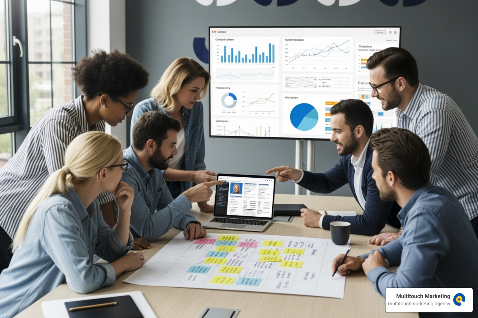 A marketing team collaborating on a content calendar and reviewing analytics - SMM Shops