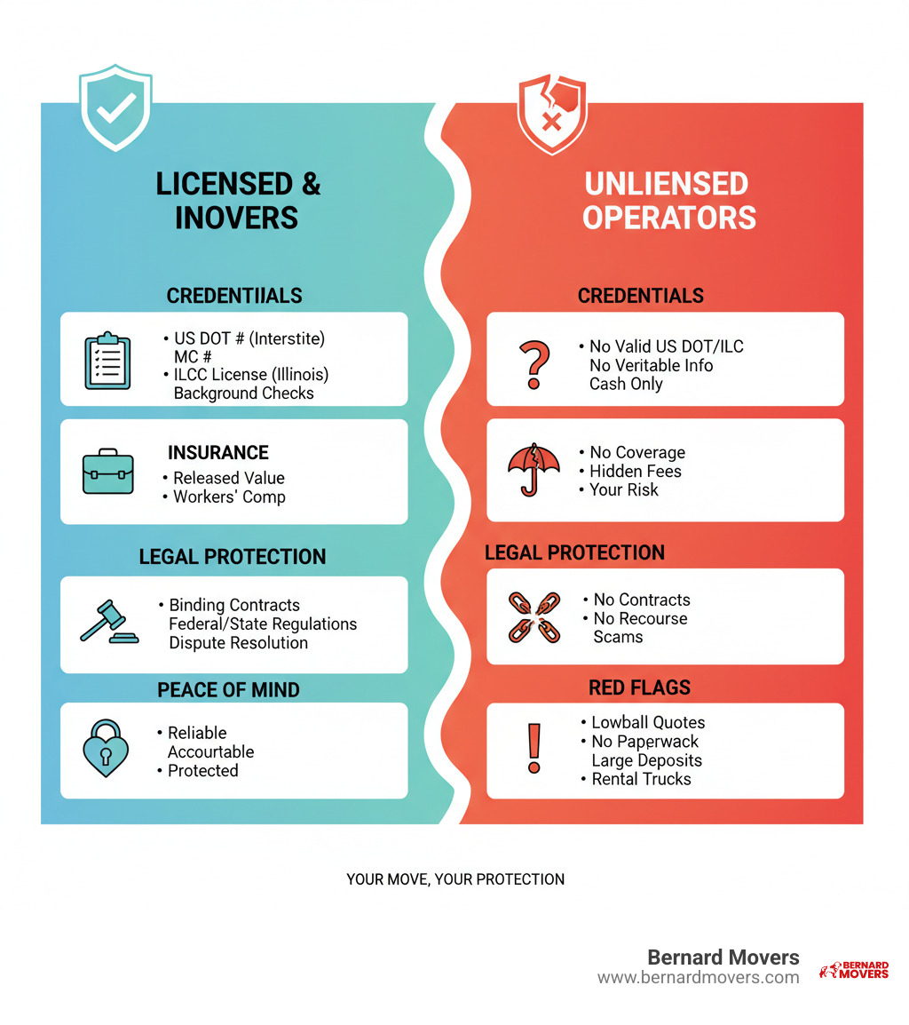 Infographic showing the key differences between licensed insured movers and unlicensed operators, including credential requirements, insurance coverage types, legal protections, and red flags to watch for when hiring movers - Licensed insured movers infographic  Infographic showing the key differences between licensed insured movers and unlicensed operators, including credential requirements, insurance coverage types, legal protections, and red flags to watch for when hiring movers - Licensed insured movers infographic