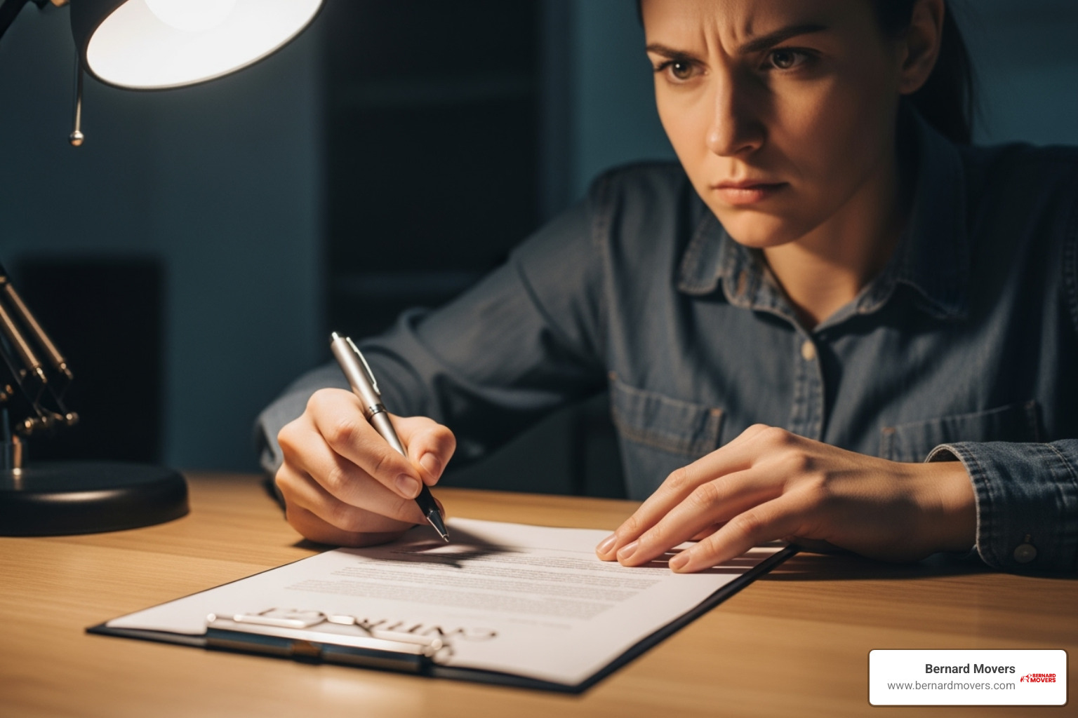 A person looking suspiciously at a moving contract, highlighting the need for careful review - Licensed insured movers A person looking suspiciously at a moving contract, highlighting the need for careful review - Licensed insured movers