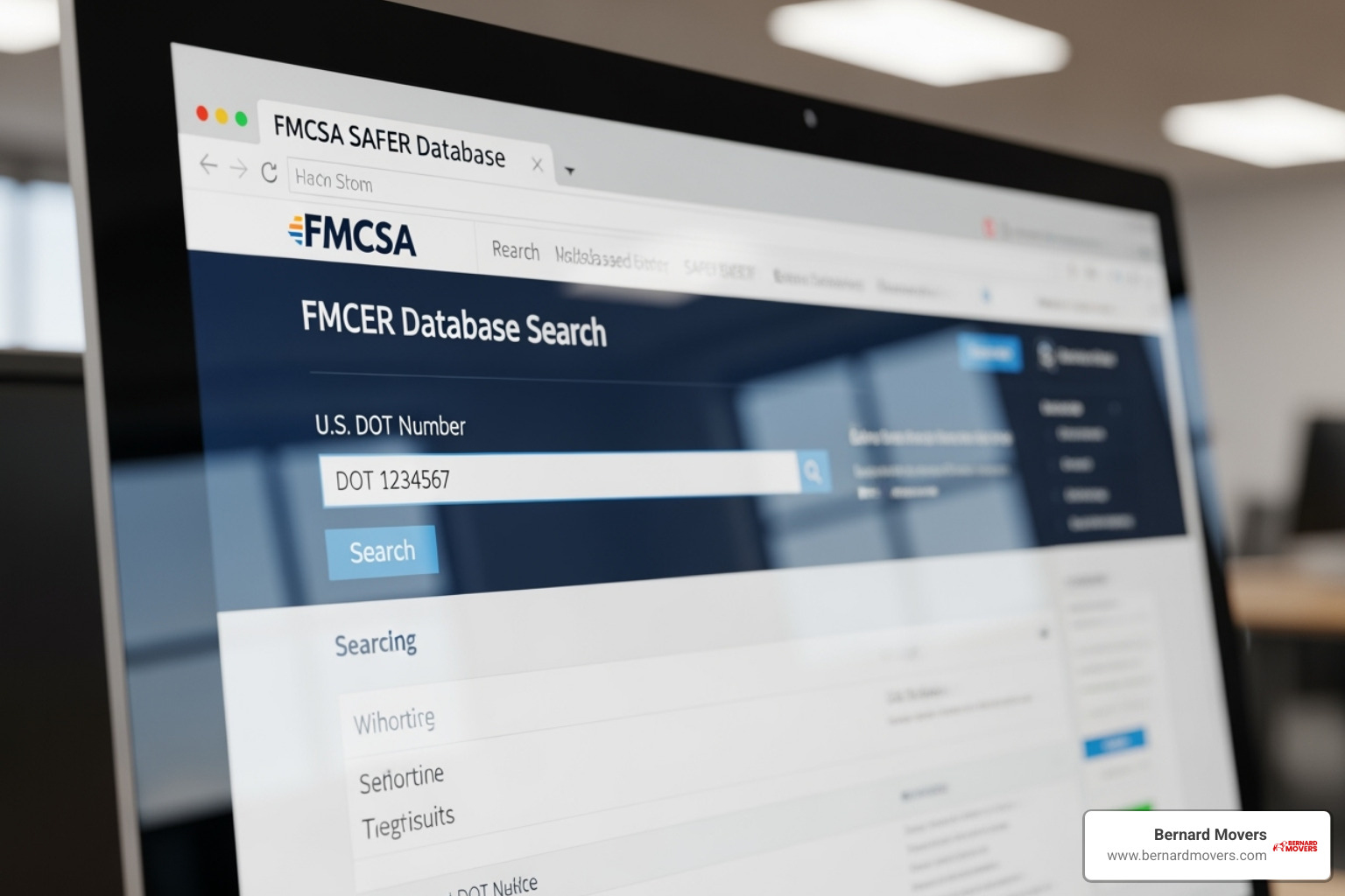 A computer screen showing the FMCSA SAFER database search page with a U.S. DOT number entered into the search bar - Licensed insured movers A computer screen showing the FMCSA SAFER database search page with a U.S. DOT number entered into the search bar - Licensed insured movers