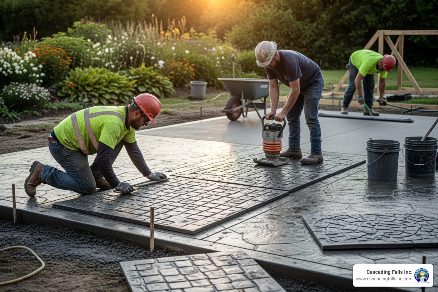 Contractors stamping a freshly poured concrete slab - stamped concrete patios Contractors stamping a freshly poured concrete slab - stamped concrete patios
