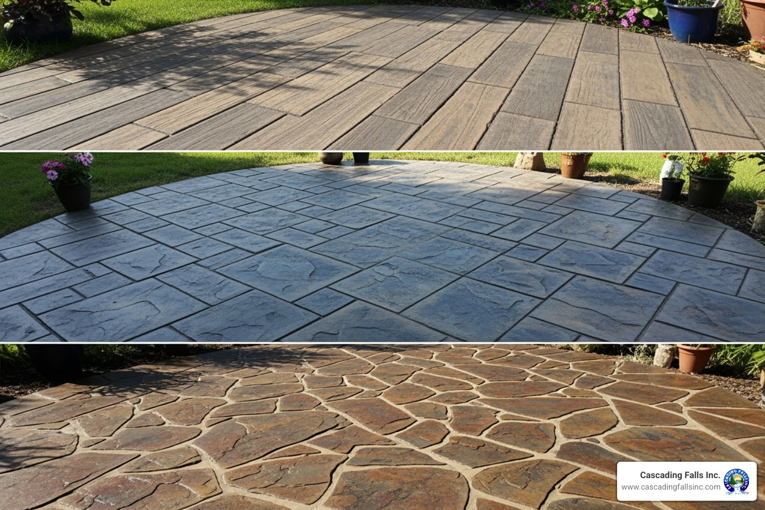 Collage showcasing various stamped concrete patterns like wood plank, ashlar slate, and flagstone - stamped concrete patios Collage showcasing various stamped concrete patterns like wood plank, ashlar slate, and flagstone - stamped concrete patios