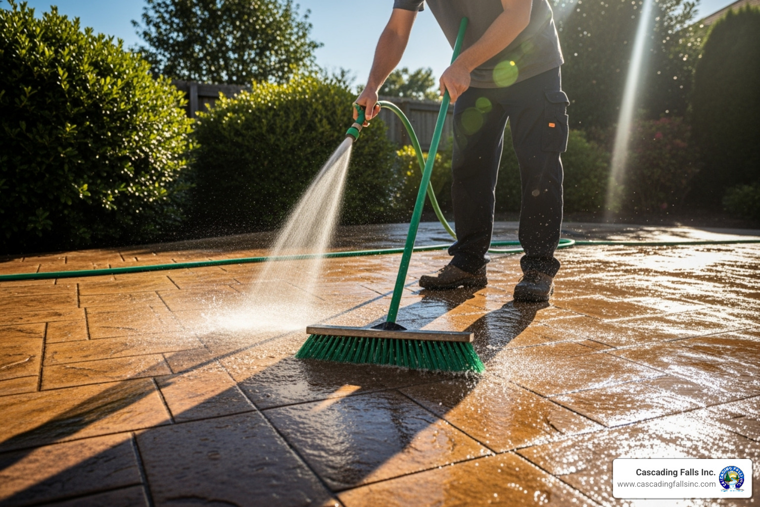 Someone cleaning a stamped concrete patio with a hose and push broom - stamped concrete patios Someone cleaning a stamped concrete patio with a hose and push broom - stamped concrete patios