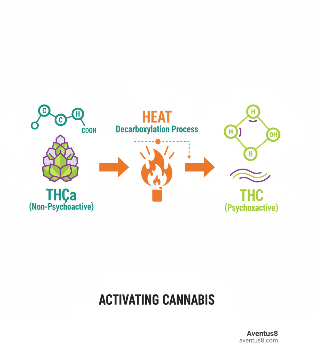 Infographic showing THCa flower bud with molecular structure, an arrow pointing to flame/heat source, and the resulting THC molecule, illustrating the decarboxylation process that converts non-psychoactive THCa to psychoactive THC when heated - THC flower online infographic 
