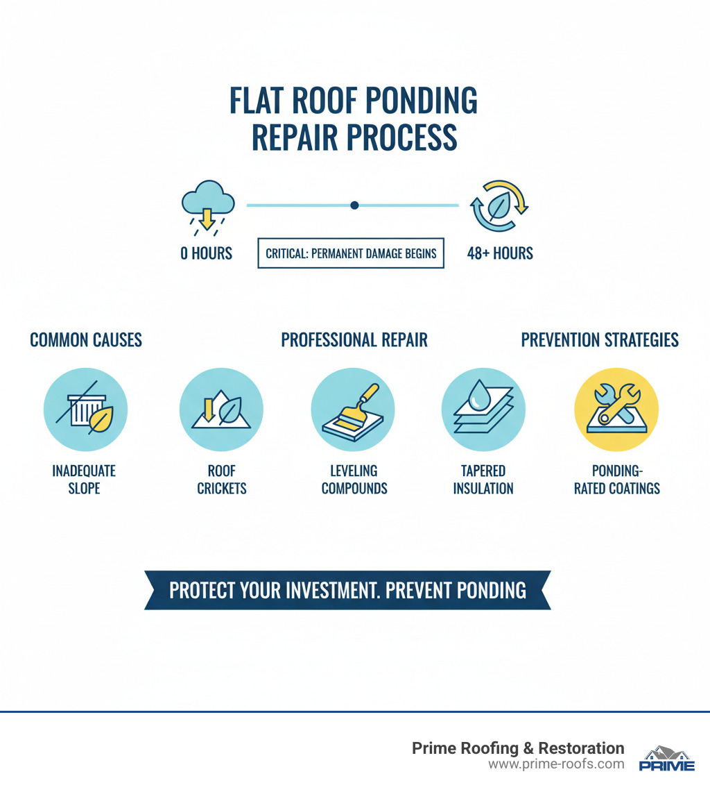 Comprehensive flat roof ponding repair process showing the 48-hour timeline, common causes including inadequate slope and clogged drains, professional repair methods like roof crickets and leveling compounds, and prevention strategies through proper maintenance - Flat roof ponding repair infographic Comprehensive flat roof ponding repair process showing the 48-hour timeline, common causes including inadequate slope and clogged drains, professional repair methods like roof crickets and leveling compounds, and prevention strategies through proper maintenance - Flat roof ponding repair infographic