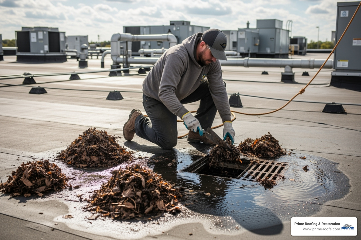 Roof maintenance worker cleaning a flat roof drain and removing debris - Flat roof ponding repair Roof maintenance worker cleaning a flat roof drain and removing debris - Flat roof ponding repair