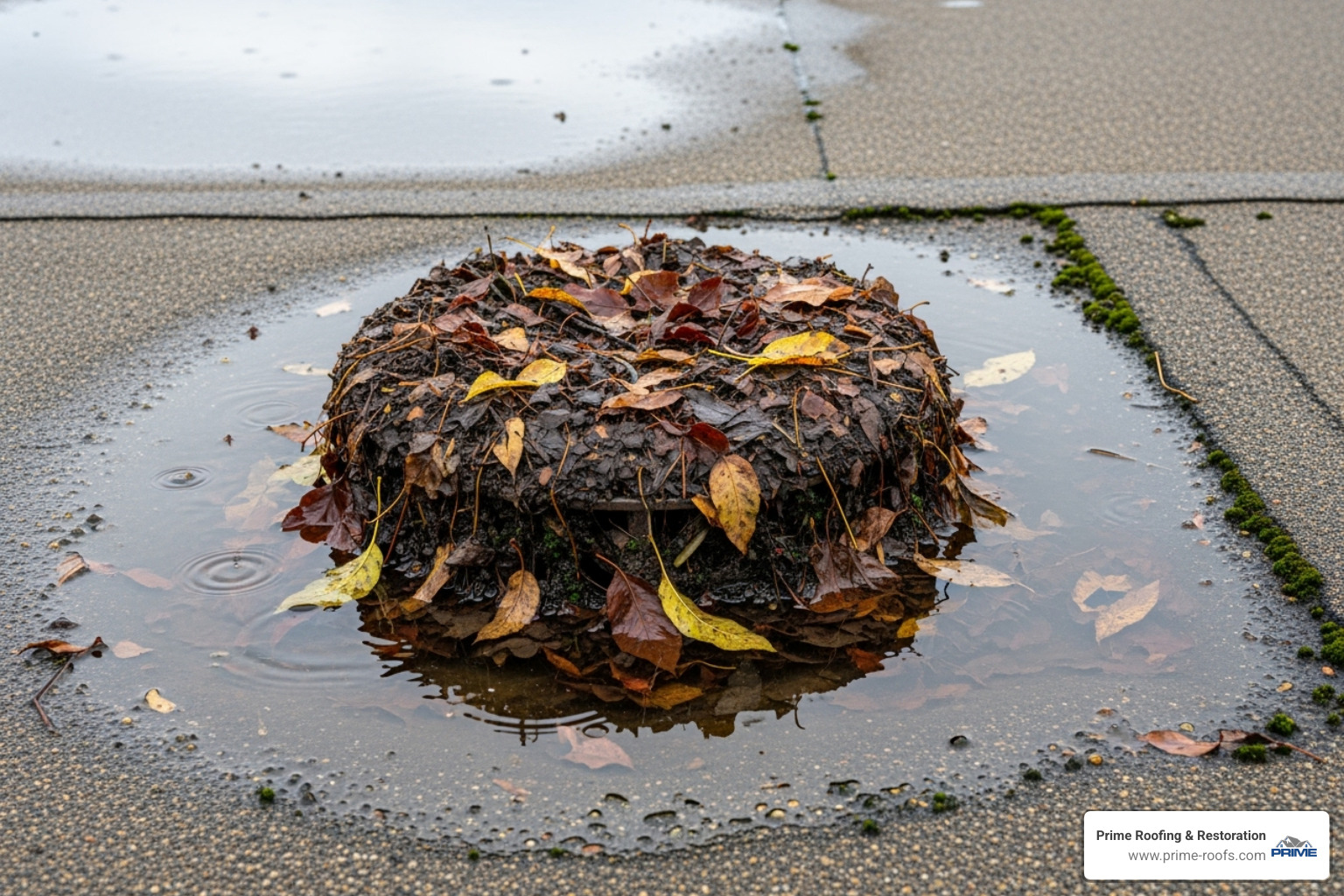 Clogged roof drain filled with leaves and debris - Flat roof ponding repair Clogged roof drain filled with leaves and debris - Flat roof ponding repair