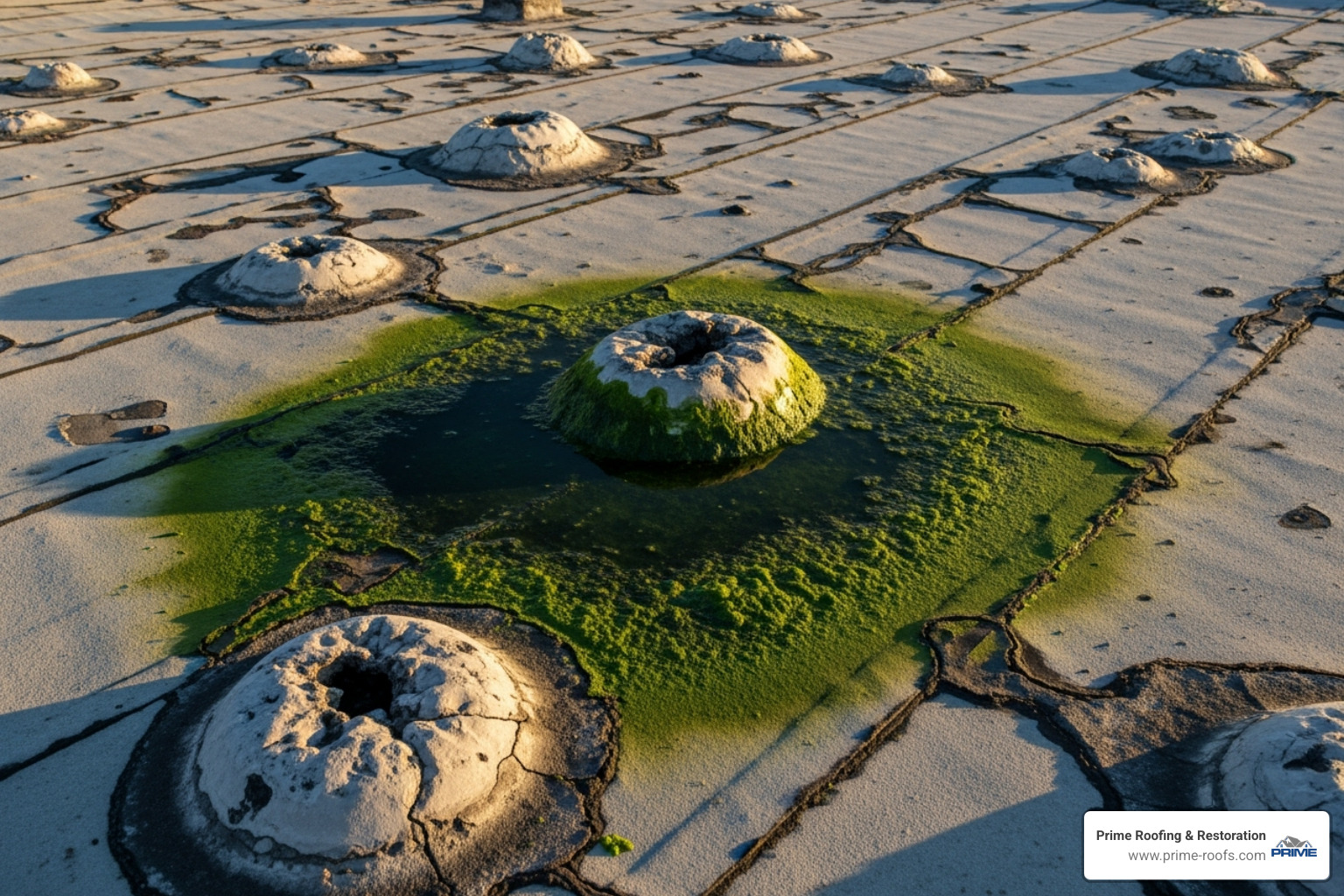 Damaged roof membrane showing blisters, cracks, and algae growth in a ponding area - Flat roof ponding repair Damaged roof membrane showing blisters, cracks, and algae growth in a ponding area - Flat roof ponding repair
