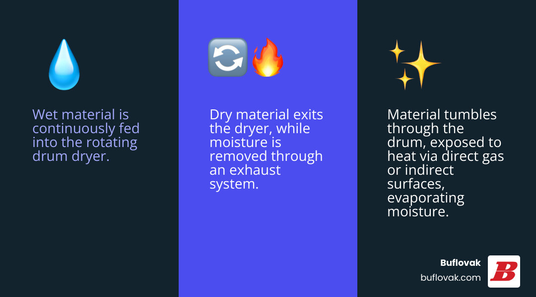 Infographic showing industrial drum dryer process: wet material enters rotating heated drum with lifting flights, tumbles through hot gas stream, exits as dried product with moisture removed through exhaust system - industrial drum dryer infographic 3_facts_emoji_blue Infographic showing industrial drum dryer process: wet material enters rotating heated drum with lifting flights, tumbles through hot gas stream, exits as dried product with moisture removed through exhaust system - industrial drum dryer infographic 3_facts_emoji_blue