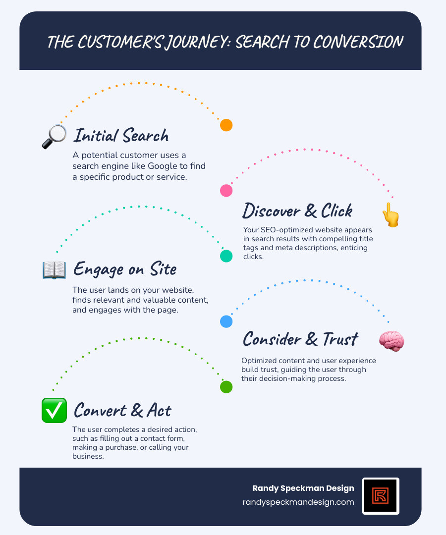 Comprehensive infographic showing the customer journey from a search engine query to website conversion, including steps: user searches for service, website appears in search results with optimized title and meta description, user clicks through to website, engages with optimized content, and completes desired action like filling out contact form or making purchase - website SEO services infographic infographic-line-5-steps-blues-accent_colors