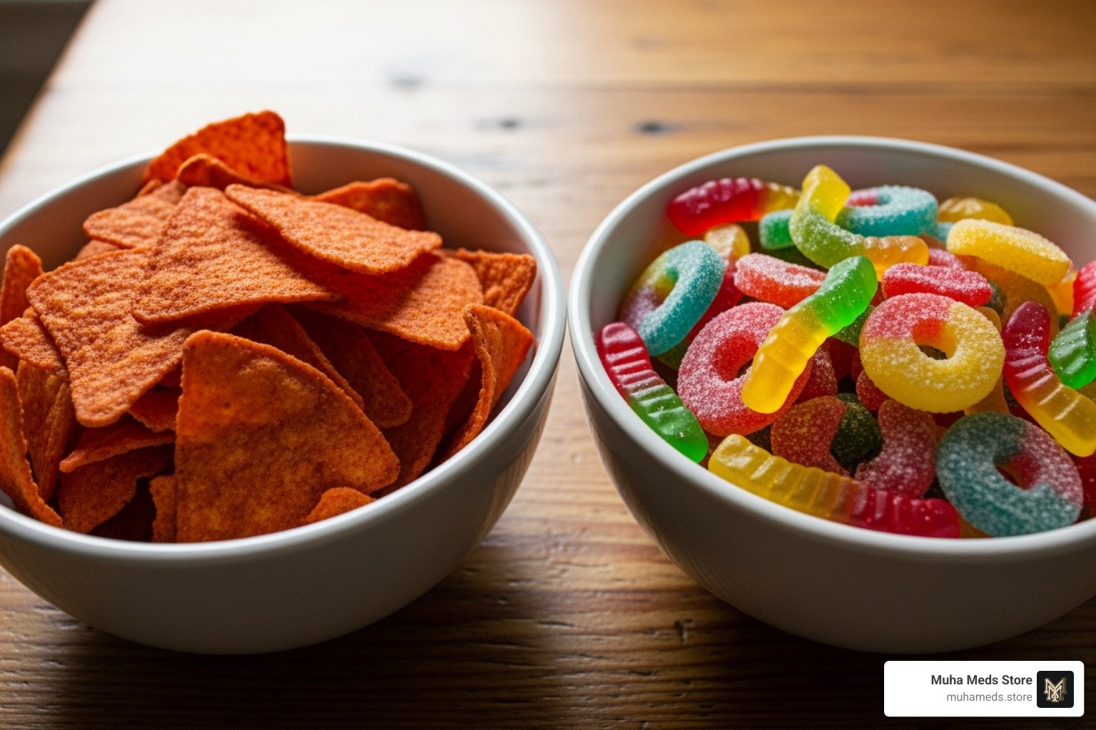 Side-by-side comparison of a bowl of spicy Flamin Hot Chiefos THC edibles next to a bowl of colorful THC gummies - Buy Flamin Hot Chiefos THC Edible – 600mg online