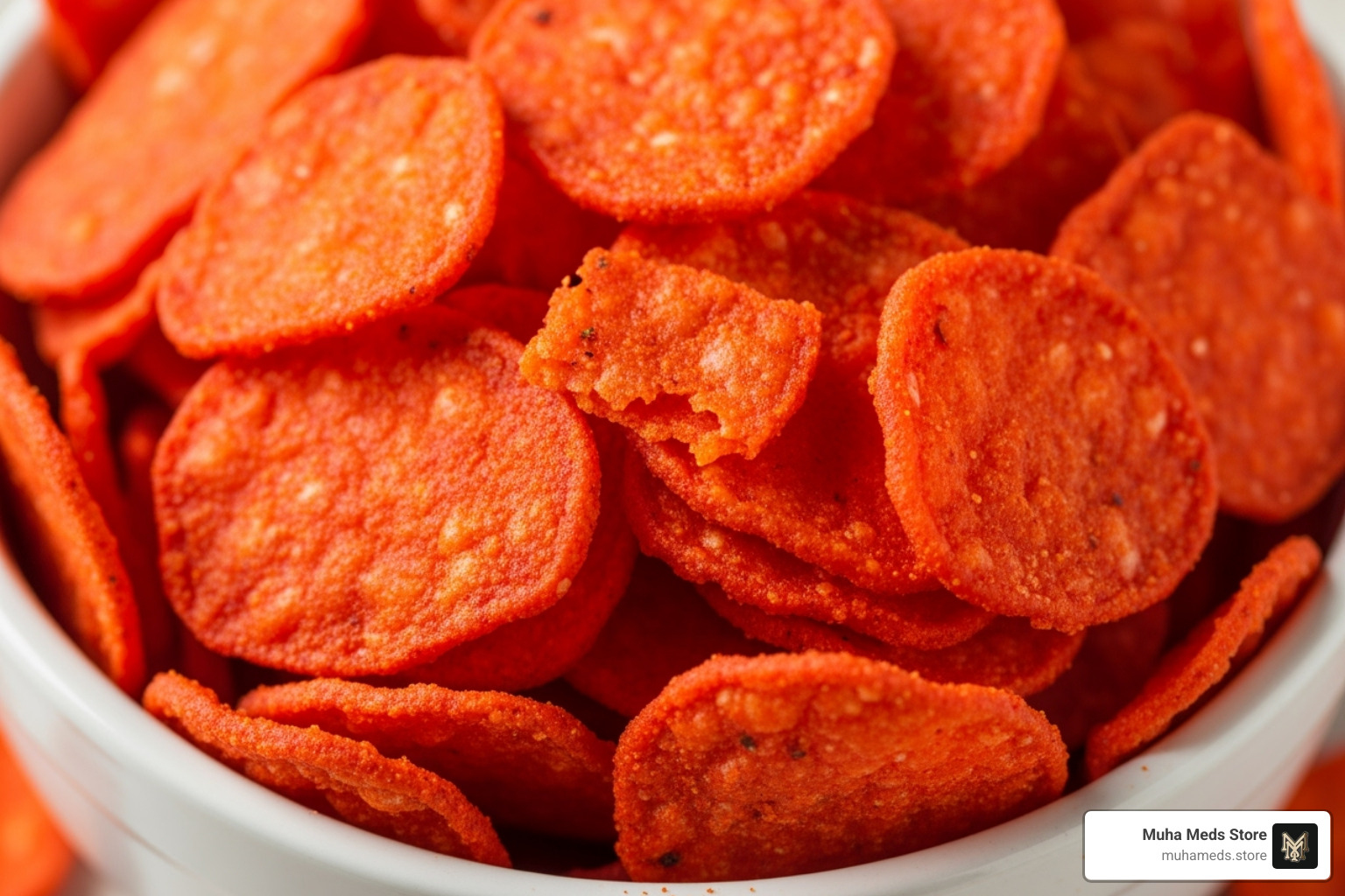 Spicy Flamin Hot Chiefos THC Edibles in a bowl, showing their vibrant red color and crunchy texture - Buy Flamin Hot Chiefos THC Edible – 600mg online
