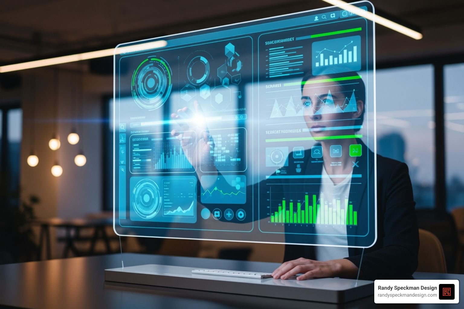 person interacting with a futuristic search interface on a transparent screen - website SEO services