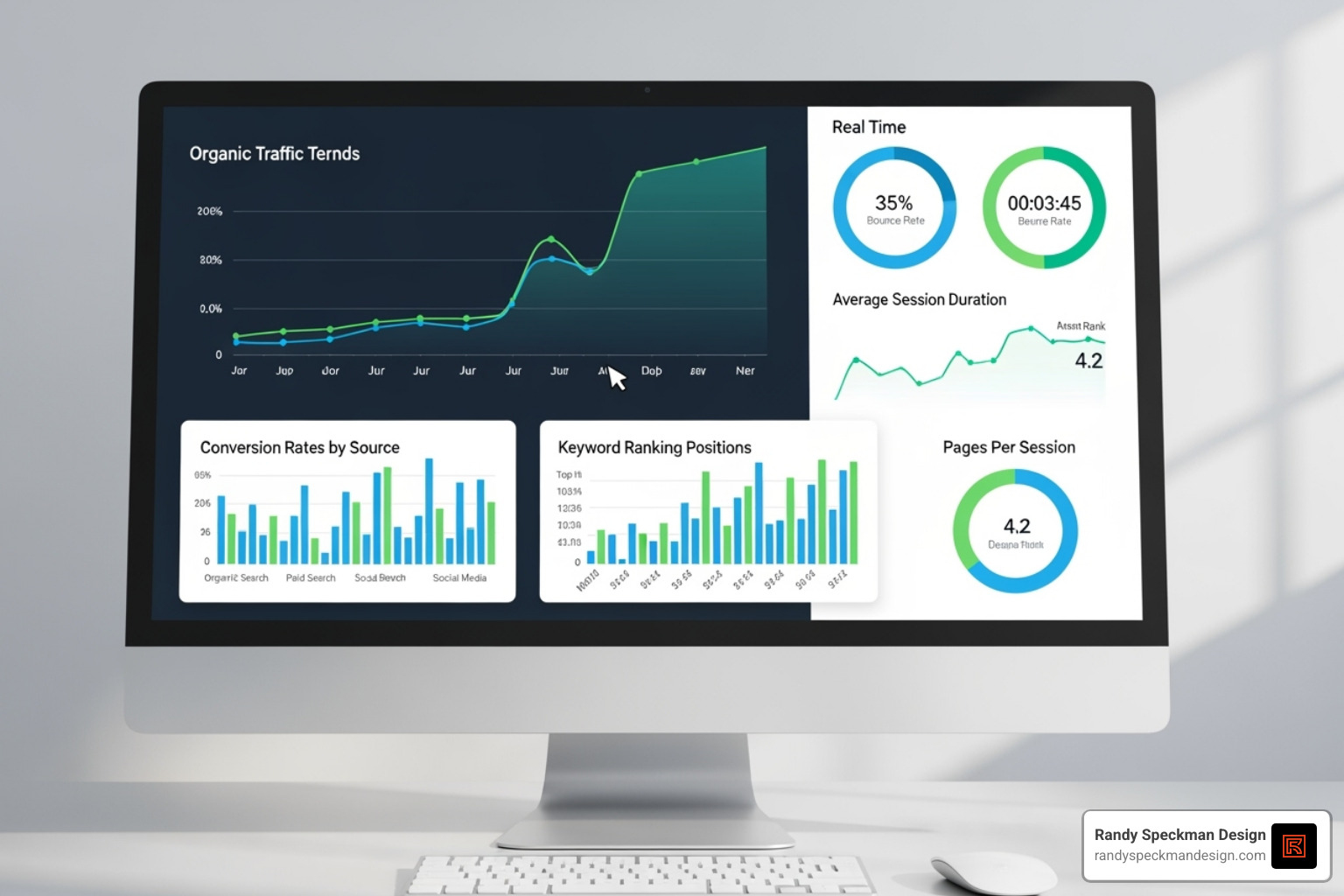 dashboard showing key SEO metrics like organic traffic, conversions, and keyword rankings - website SEO services