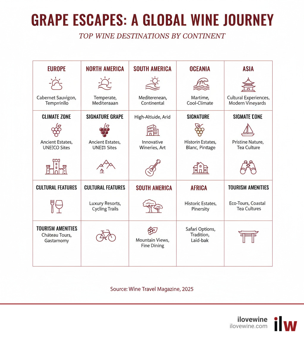 Comprehensive guide showing the key characteristics that define top wine destinations worldwide, including climate zones, signature grape varieties, cultural features, and tourism amenities for major wine regions across six continents - Top wine destinations infographic 