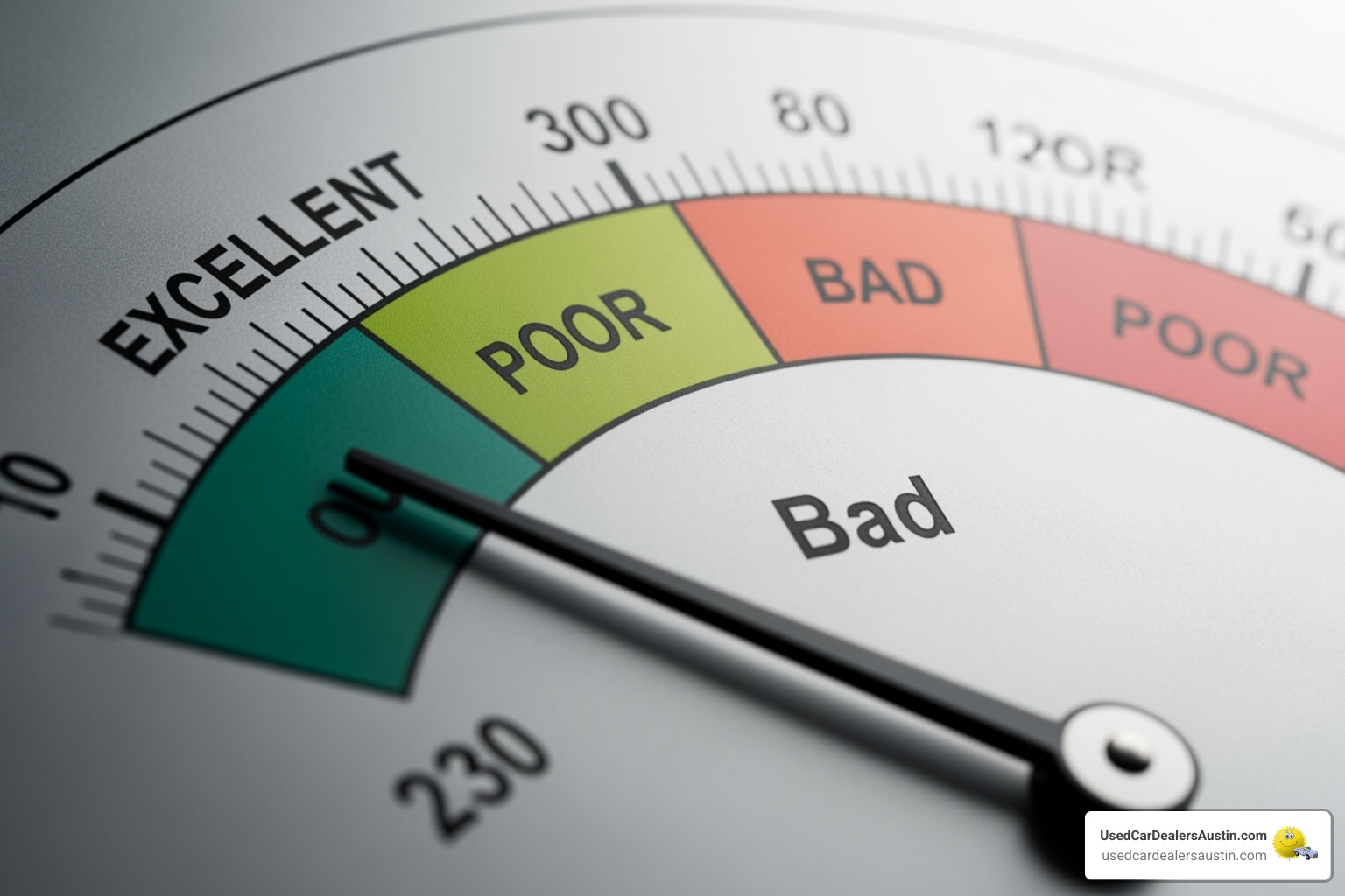 Credit score meter pointing to the"poor" range - car loan with bad credit