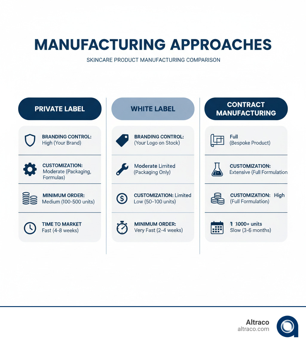 Private Label vs White Label vs Contract Manufacturing comparison showing key differences in branding control, customization options, minimum order quantities, and time to market for each manufacturing approach - wholesale private label skin care products infographic  Private Label vs White Label vs Contract Manufacturing comparison showing key differences in branding control, customization options, minimum order quantities, and time to market for each manufacturing approach - wholesale private label skin care products infographic