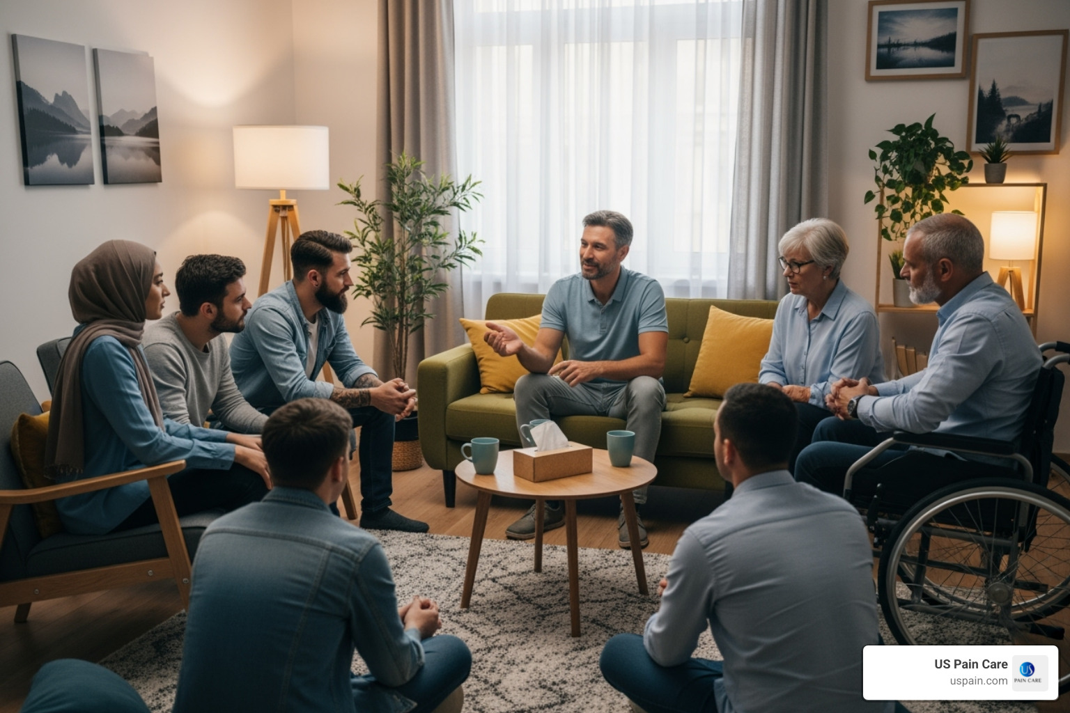 A group therapy session in a comfortable setting - dual diagnosis addiction treatment A group therapy session in a comfortable setting - dual diagnosis addiction treatment