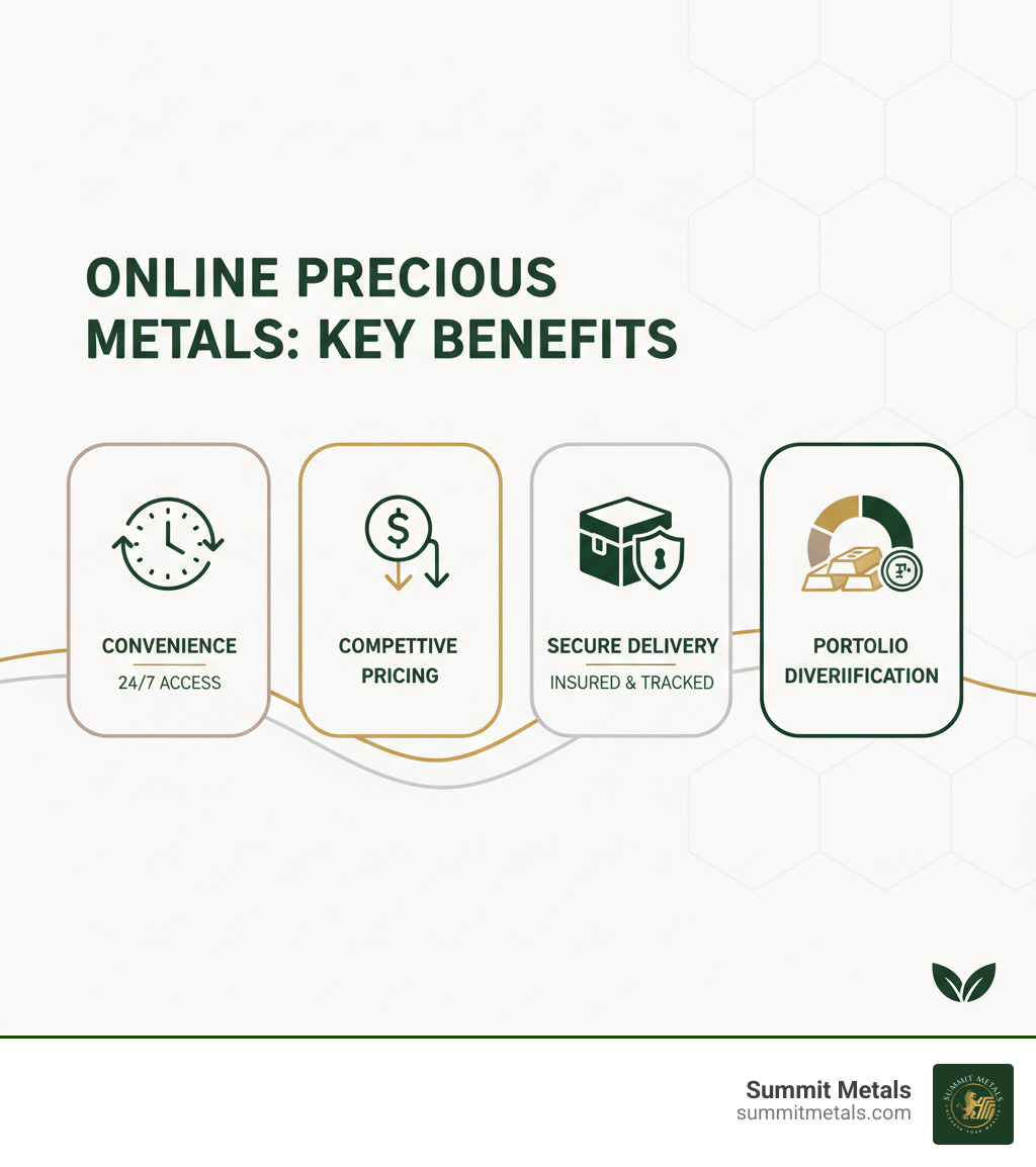 Benefits of buying precious metals online including convenience, competitive pricing, secure delivery, and portfolio diversification - buy precious metals online infographic 